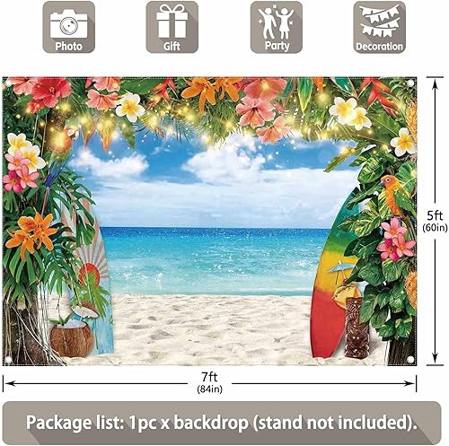 Miniatura 2 de Telón de fondo de fotografía de playa hawaiana de verano de 7 x 5 pies, flores tropicales, hojas de palma, fondo de tabla de surf, decoración de