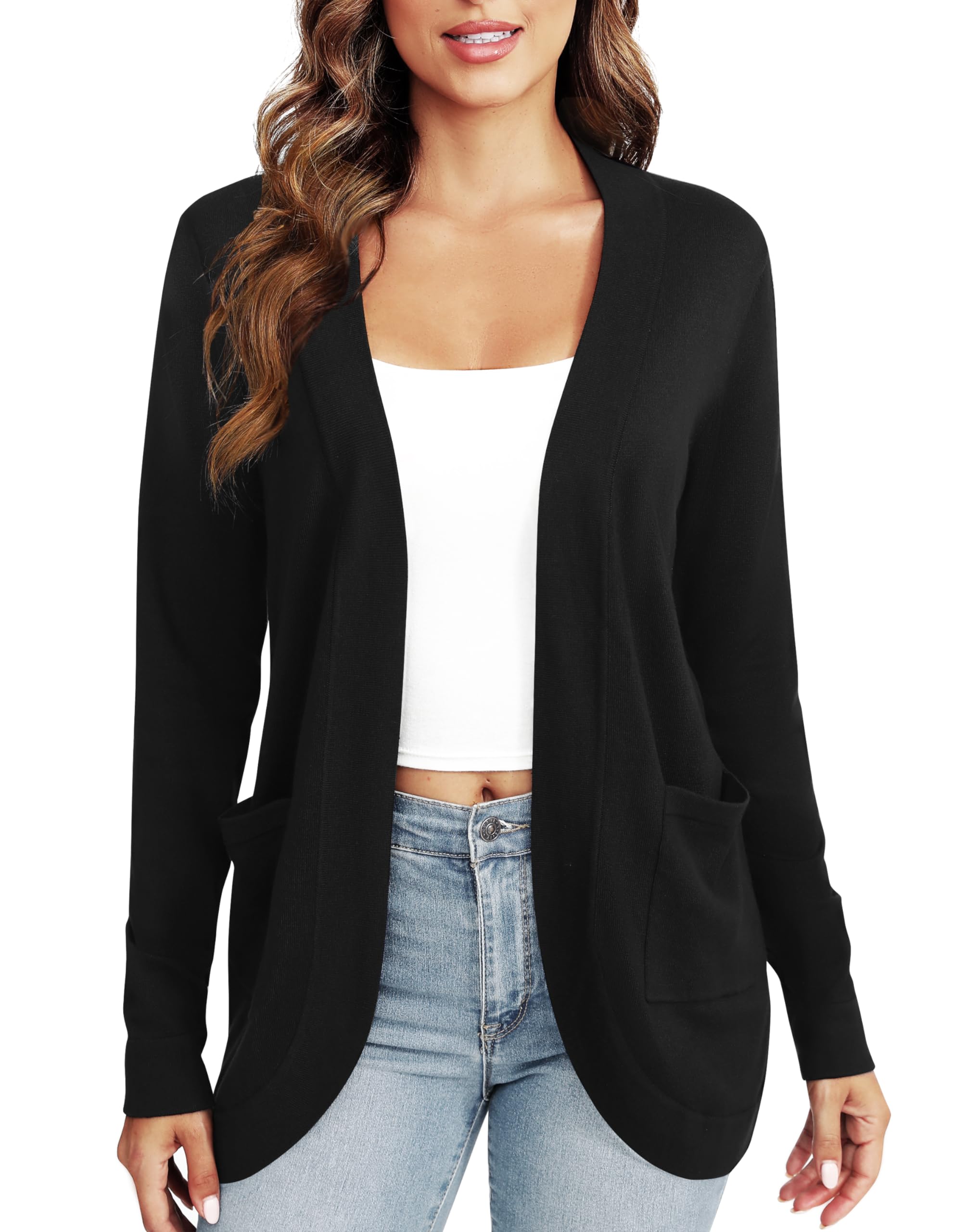 EXCHICWomen's Elegant Lightweight Long Sleeve Cardigan Curved Hem Open Front Knit Sweater with Pockets