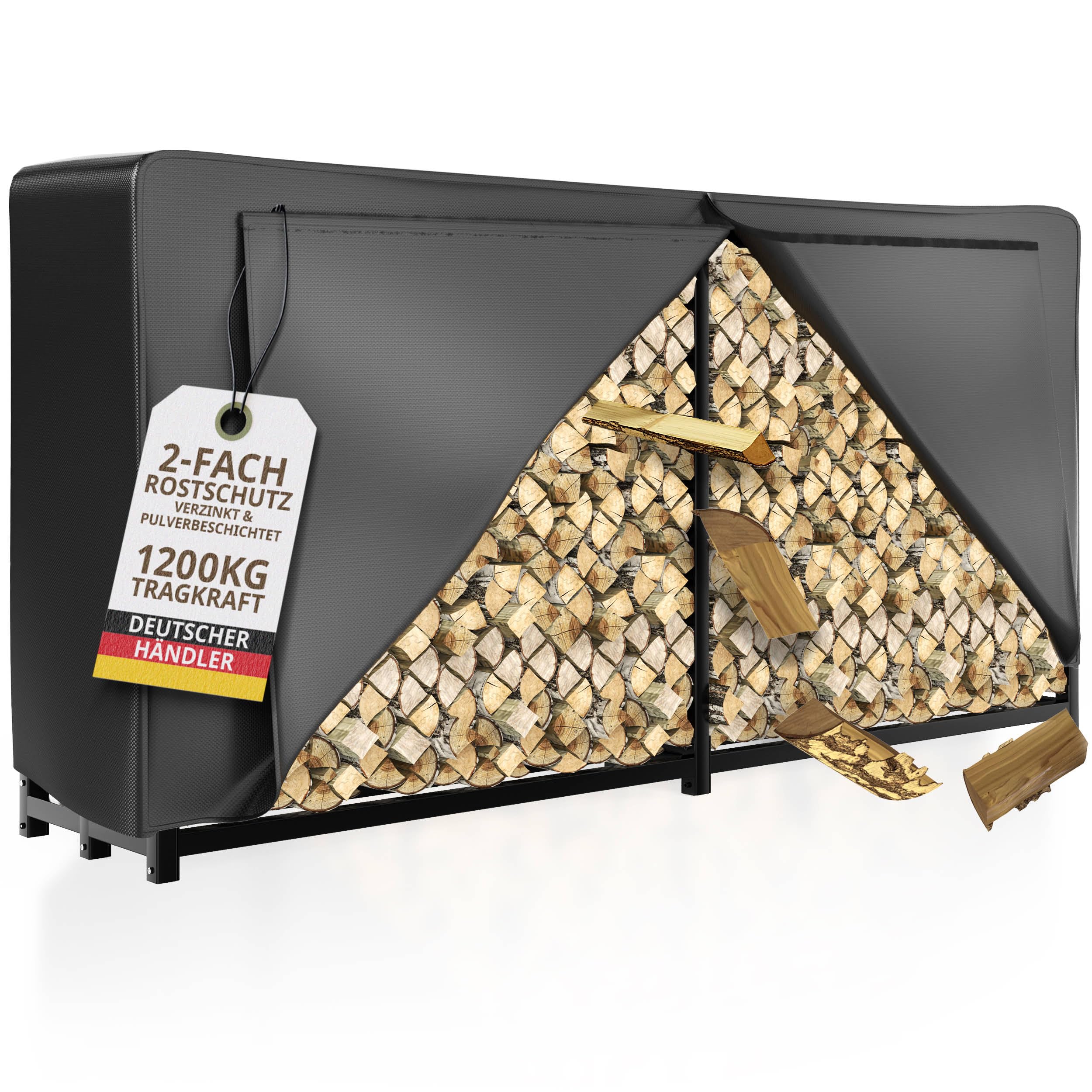 LAWA Kaminholzregal Metall verzinkt 223x50x115 cm schwarz | aussen, 61cm Abdeckplane, wetterfest, Feuerholzregal Garten, Stapelhilfe für Brennholz mit Abdeckung, 25cm I 30cm Holzscheite