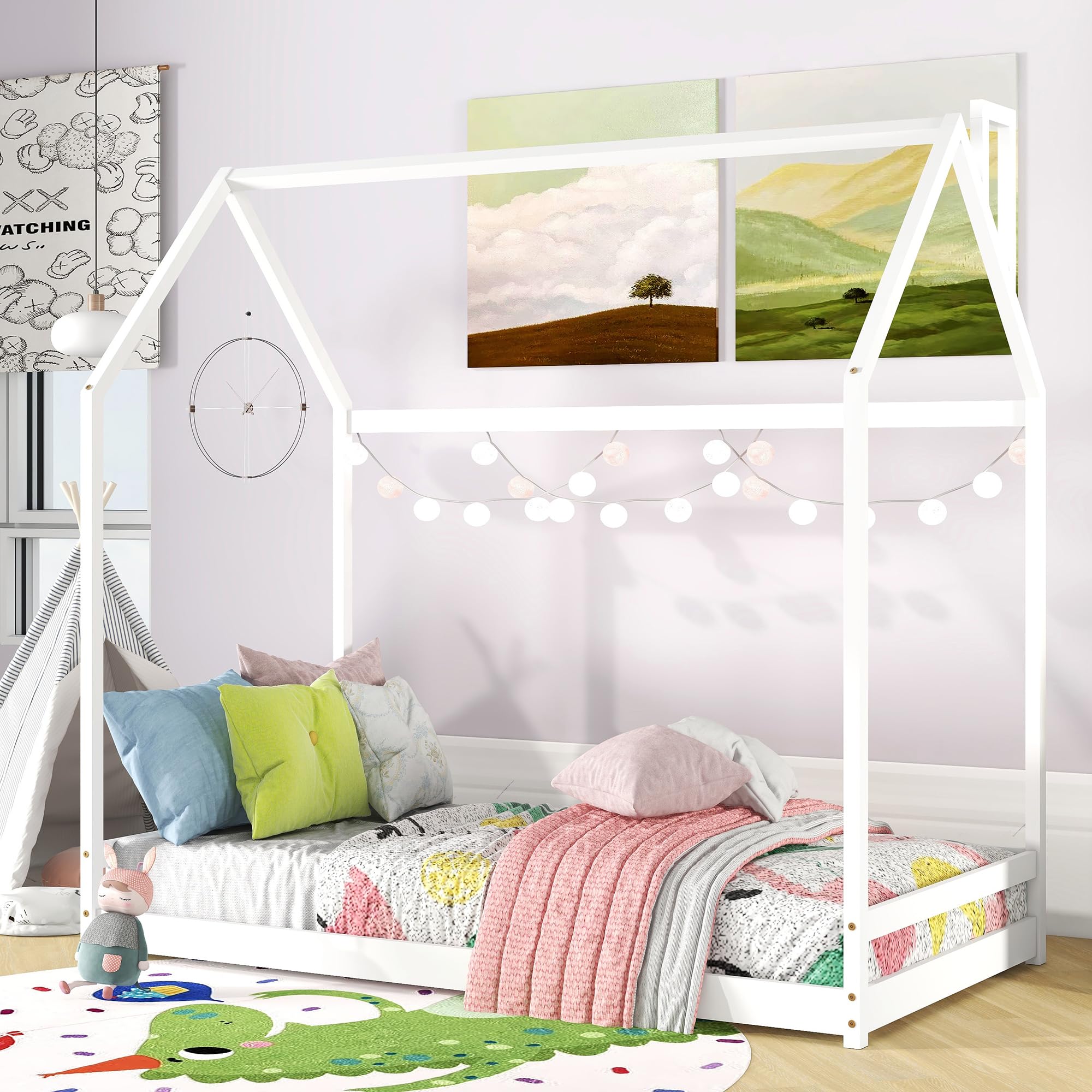 Bellemave Kids Montessori Floor Bed,Twin Size House Bed with Fence,Wooden Floor Bed for Kids,Twin Bed Frame for Girls,Boys(Twin,White)