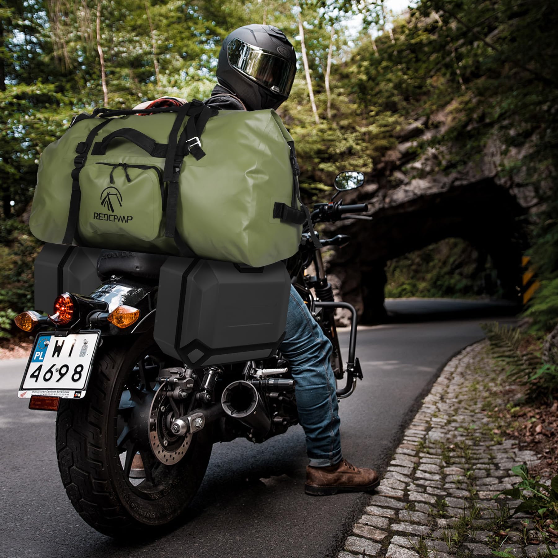 REDCAMP Große wasserdichte Reisetasche, 80L Rolltop Rucksack Dry Bag PVC 500D, Sporttasche mit Schnellbefestigungsgurten für Camping Motorrad Bootfahren Angeln Rafting Kajak Paddeln, Armeegrün