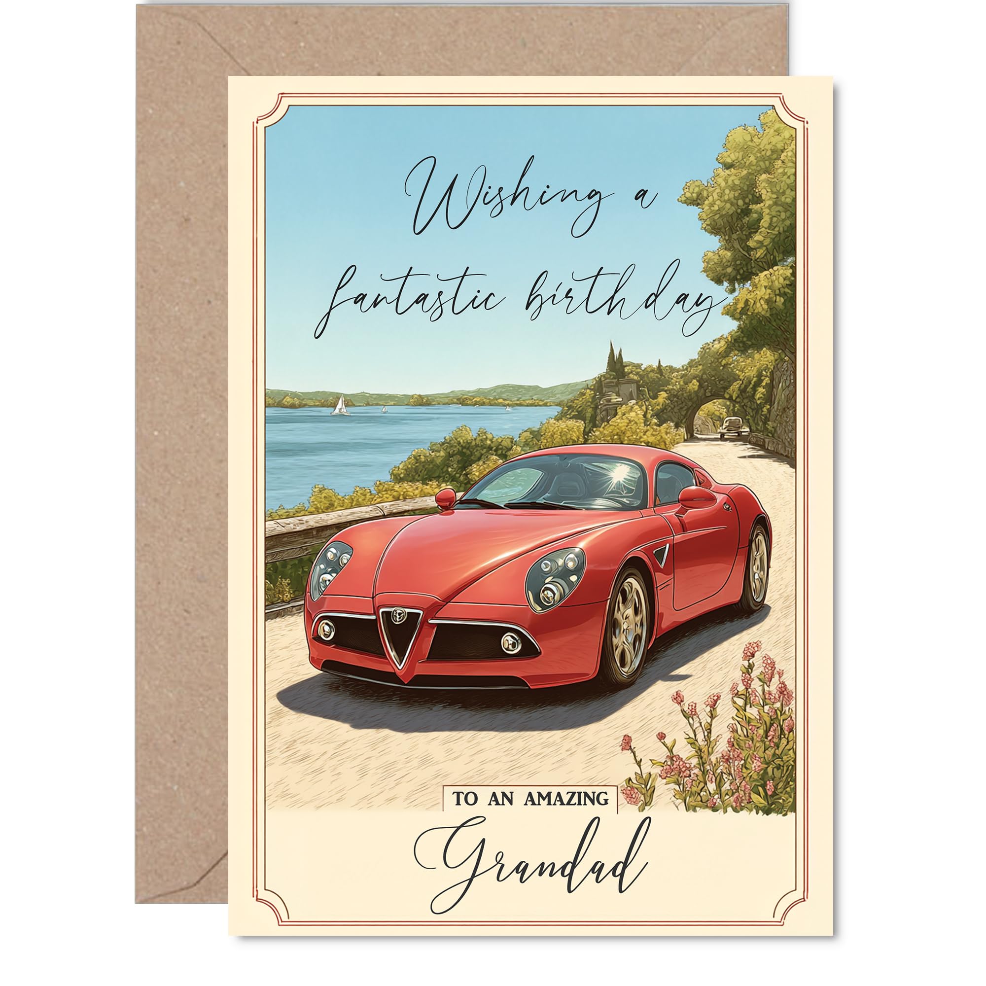 Grandad Birthday Card - Red Sports Car - Happy Birthday Card for Grandad from Grandson Granddaughter, A5 Countryside Landscape Bday Greeting Cards