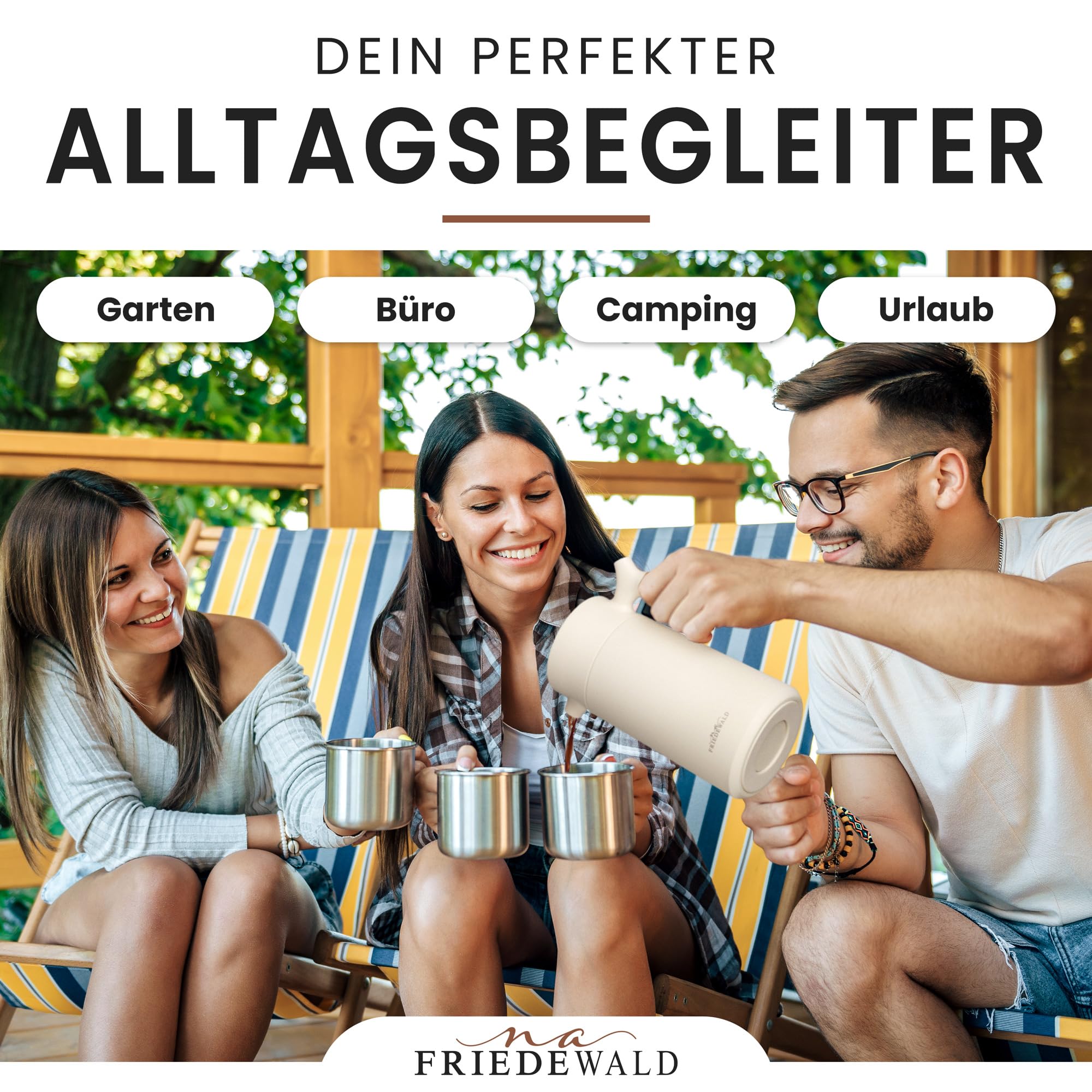 Friedewald® Thermo French Press - für Kaffee & Tee - 1L/8 Tassen - für Camping und Zuhause - doppelwandig isoliert - Französische Kaffeepresse - Österreichischer Edelstahl - 8h Thermo (Creme-Beige)