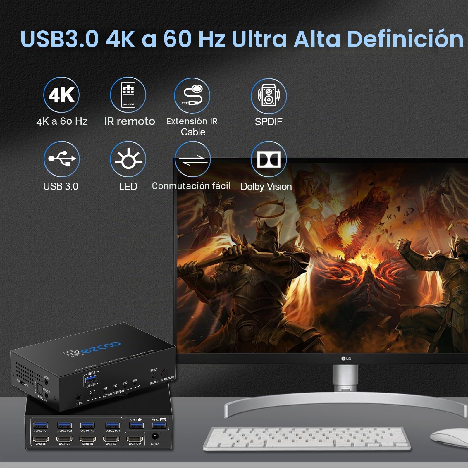Conmutador KVM USB 3.0 HDMI de 4 puertos 4 en 1 salida 4K 60 Hz 4 en 4 salidas SPDIF 5.1 de audio - Mouse/teclado/Wireless USB para PC, Printer, escáner, Windows, Linux,