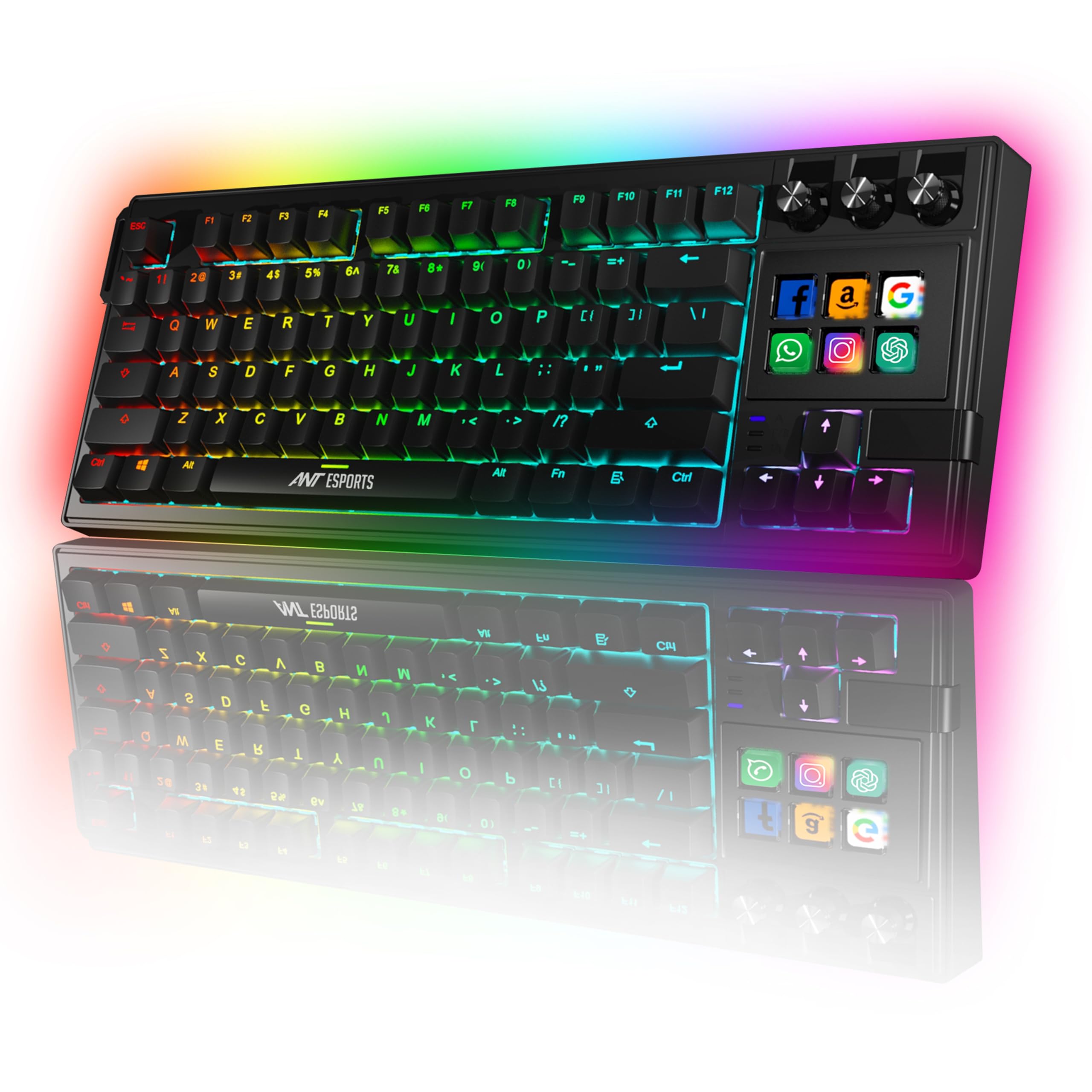 Ant Esports Apex400 Smartchoice Wired Mechanical Keyboard, Hot-Swappable RGB, 6 LCD Macro Keys, 3 Control Dials, Stream Deck Functions, OBS/Editing Controls, Windows/macOS Compatible, Black