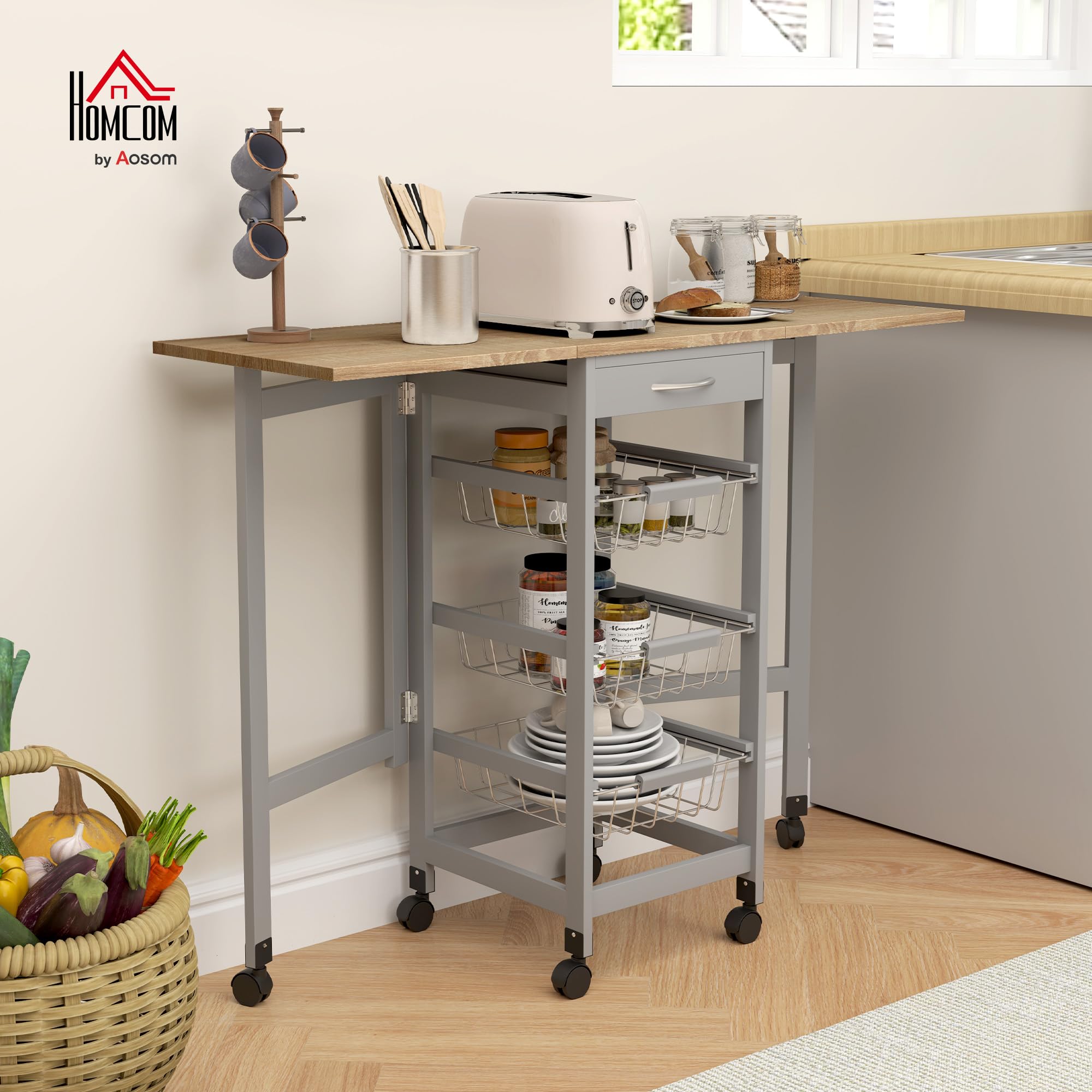 HOMCOM Carrito de Cocina con Alas Plegable, Carrito Auxiliar con Ruedas, Verdulero con Cajón y 3 Cesta de Metal, 97,2x37x77,5 cm, Gris y Roble