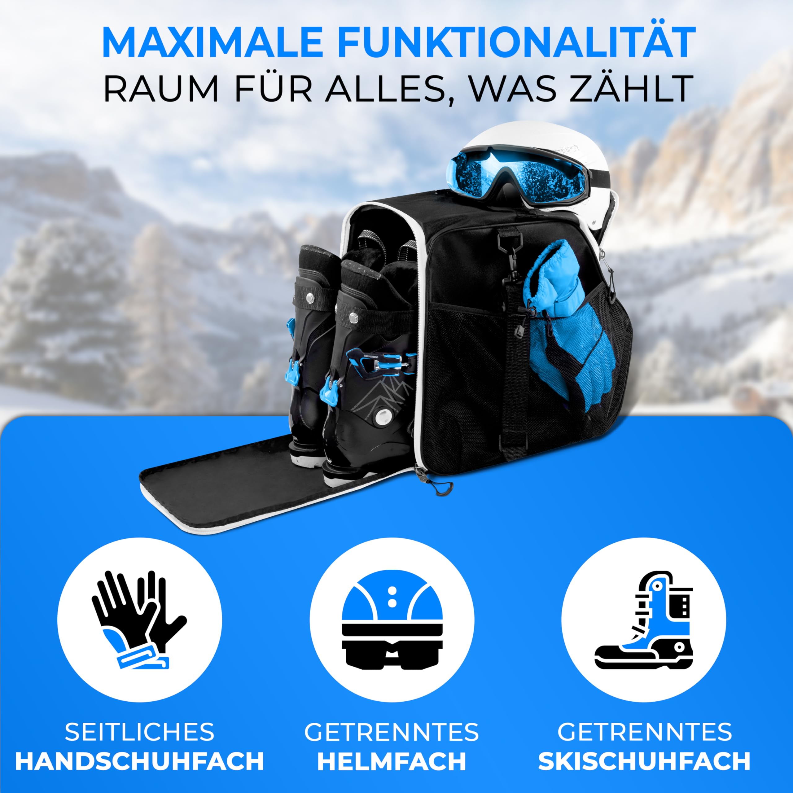 STYNGARD Skischuhtasche mit Helmfach und Stiefelfach [40 L] - Ski Stiefeltasche mit Umhängefunktion und Stauraum für Skizubehör - Tasche für Skischuhe Modell Zermatt