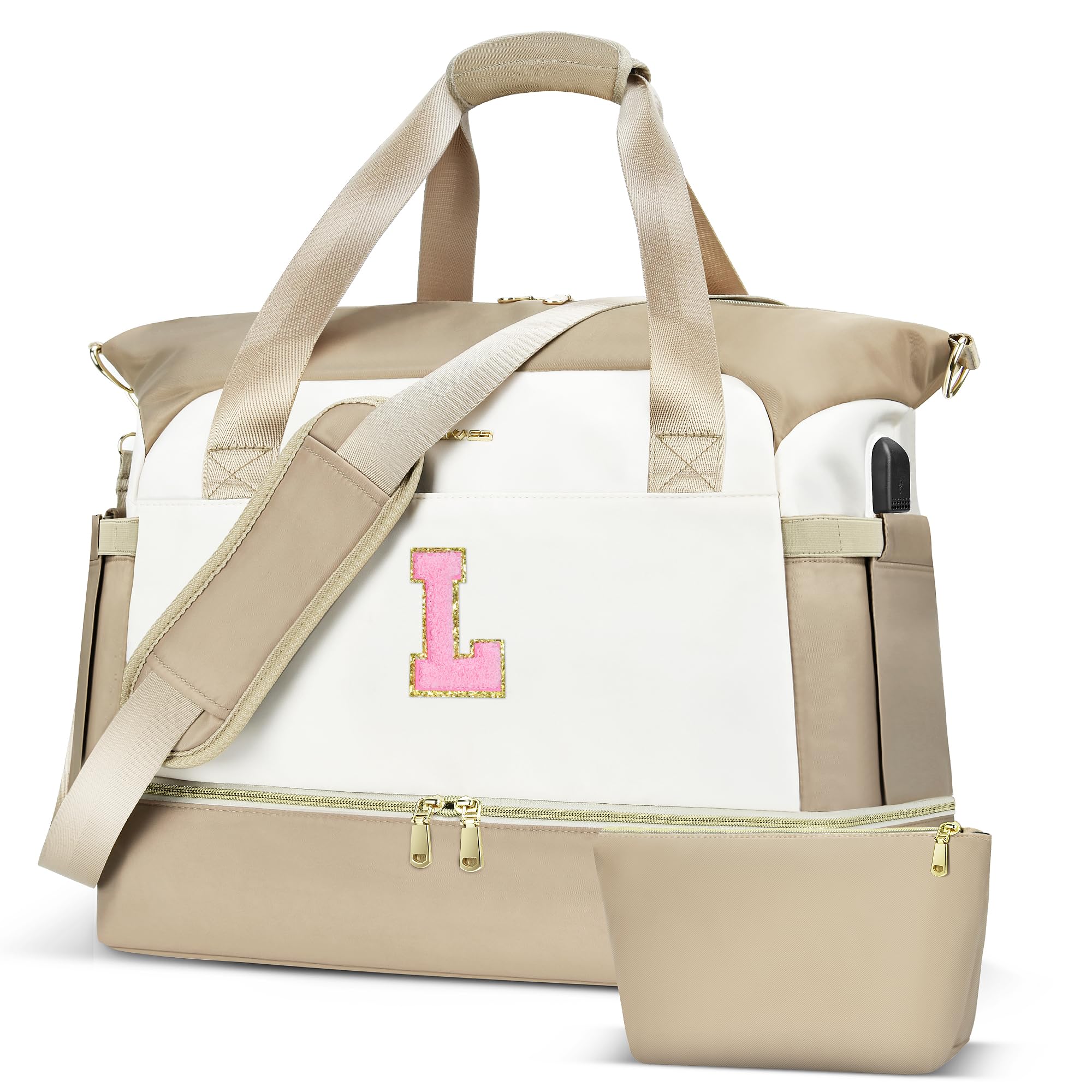 Initials Travel Bag for Women Overnight Gym Carry On Tote with Shoes Compartment Travel Duffel Bag with USB