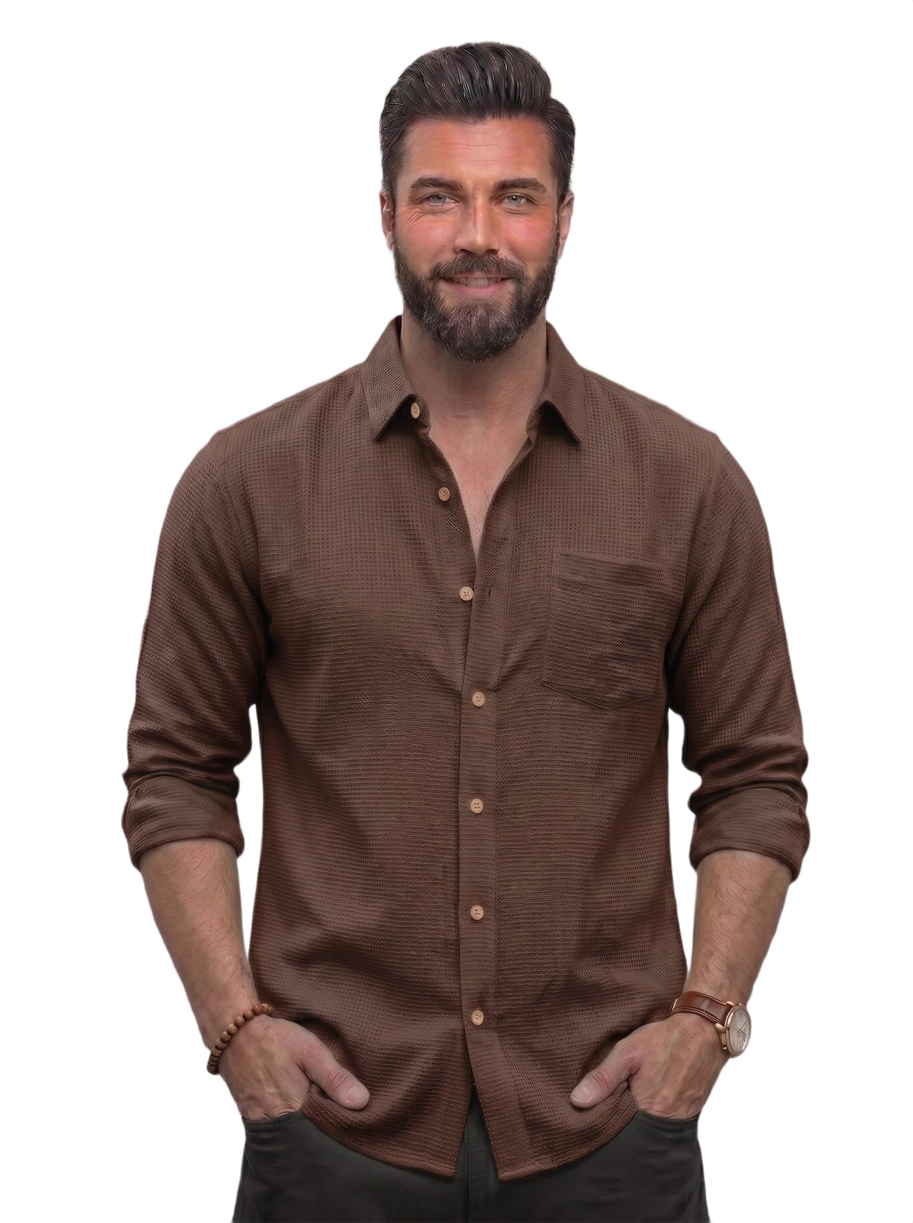 NexaFlair Men Linen Cotton Solid Shirt | Casual | Plain | Full Sleeve | Summer-Regular Fit| Stylish Shirt | Everyday Formal Wear (Alpha, XL, Regular, Brown)