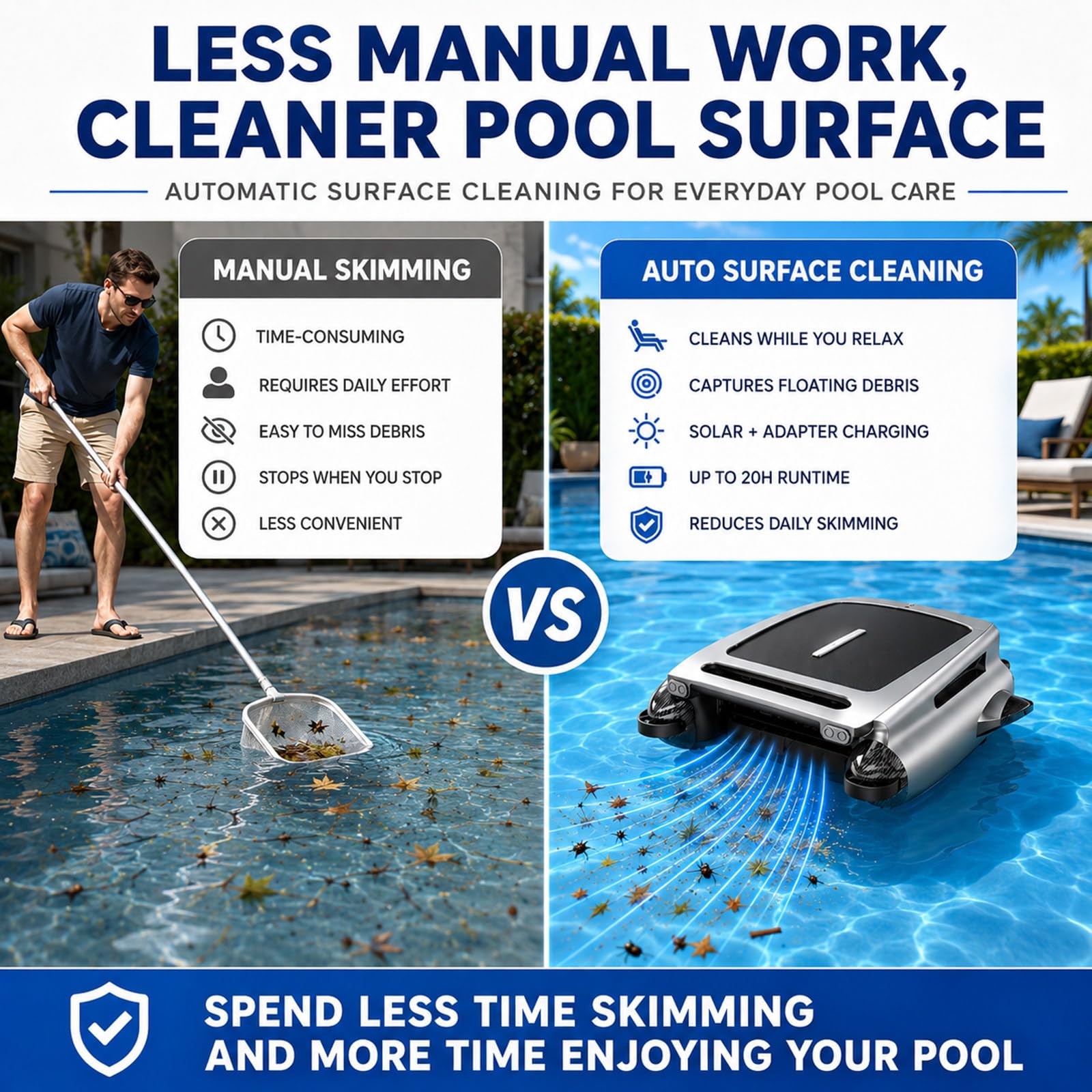 Doble Carga Robot Skimmer Piscina Solar, Limpiador de Superficie con App, Mando a Distancia, Evitación de Obstáculos, Filtro 450 μm para Hojas y Polen Blue