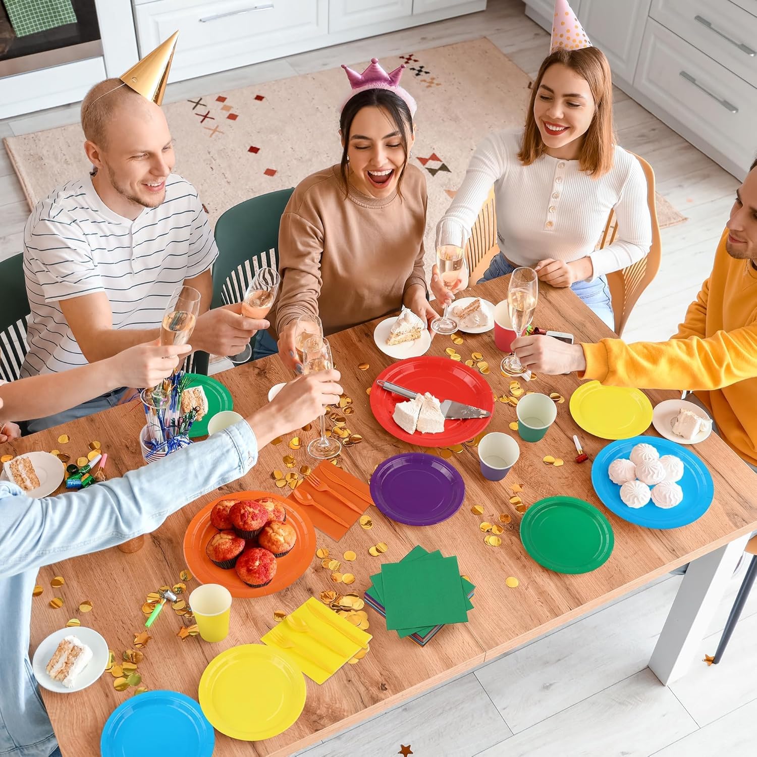 Kochorie 504 Pcs Rainbow Party Supplies Set, Colorful Disposable Paper Tableware Set 7 inch & 9 inch Plates Cups Napkins Cutlery for Birthday Baby Shower Rainbow Neon Party Decorations, Serve 72