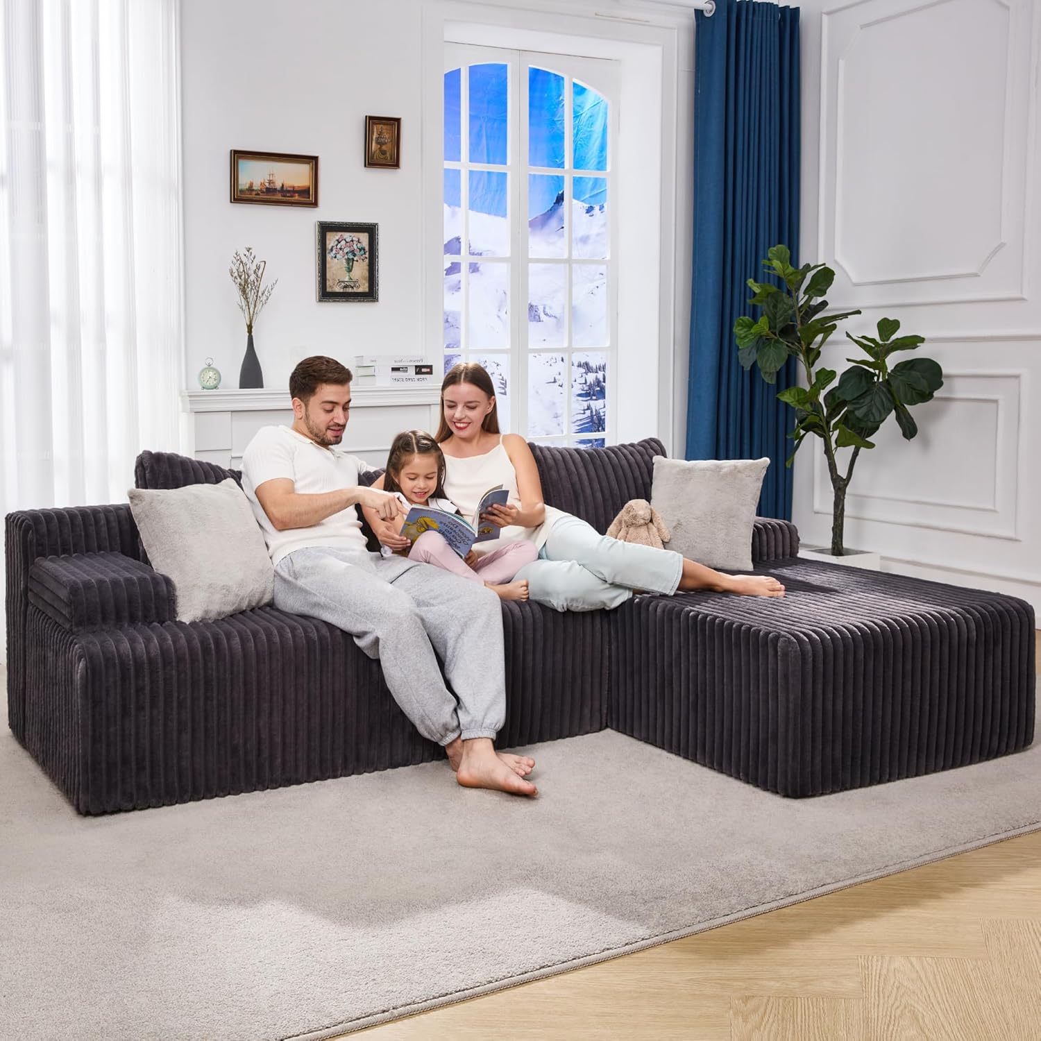 Modular Sectional Sofa Couches L-Shape Couch 3 Seat Modular Sofa Memory Foam Sectional Couches for Living Room, Cloud Couch with Oversized Chaise (Grey Stripe, 98" Right Facing Chaise)