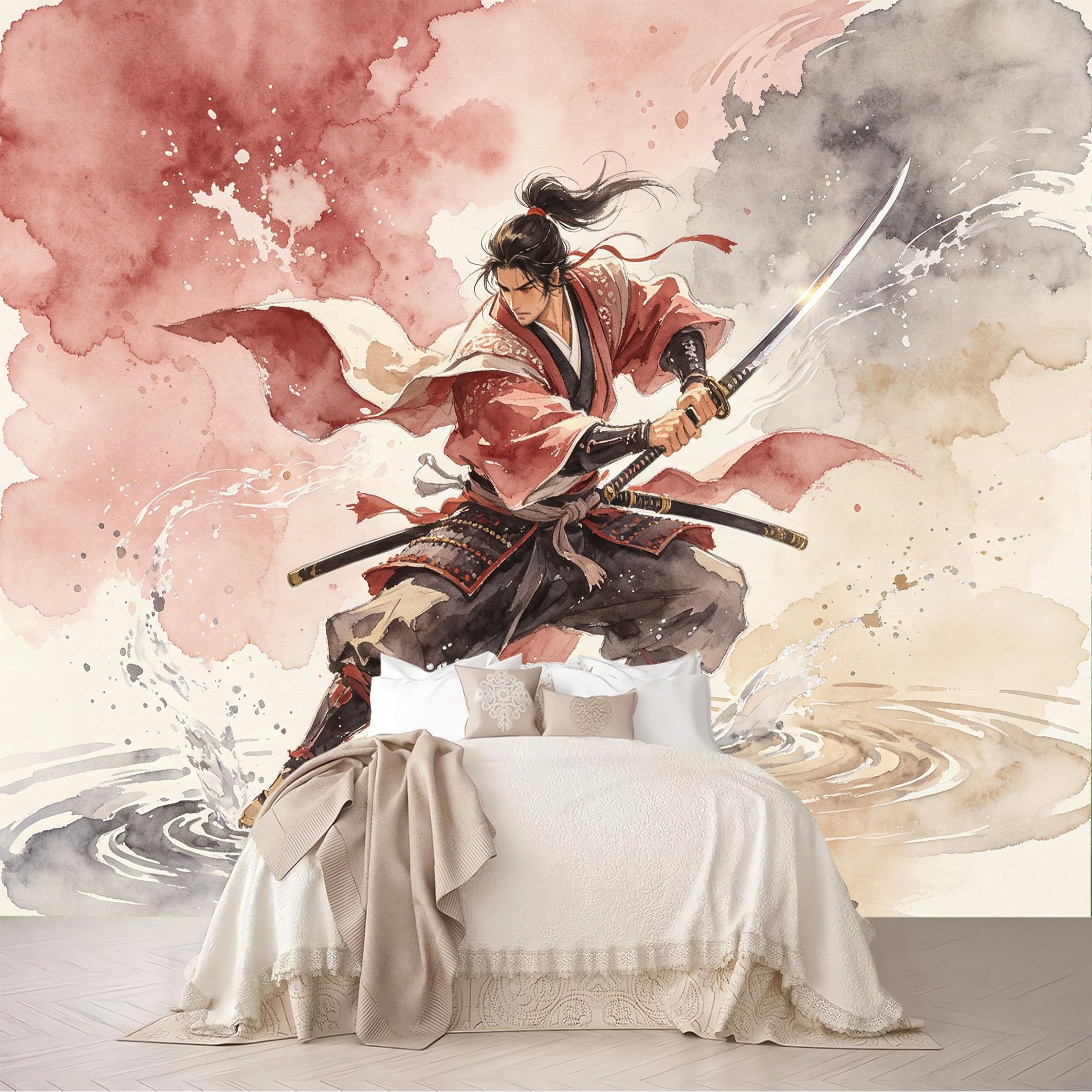 Custom Size Wall Murals Red Watercolor Samurai Splashing Water Portrait Removable Self-Adhesive for Bedroom Living Room Dining Room