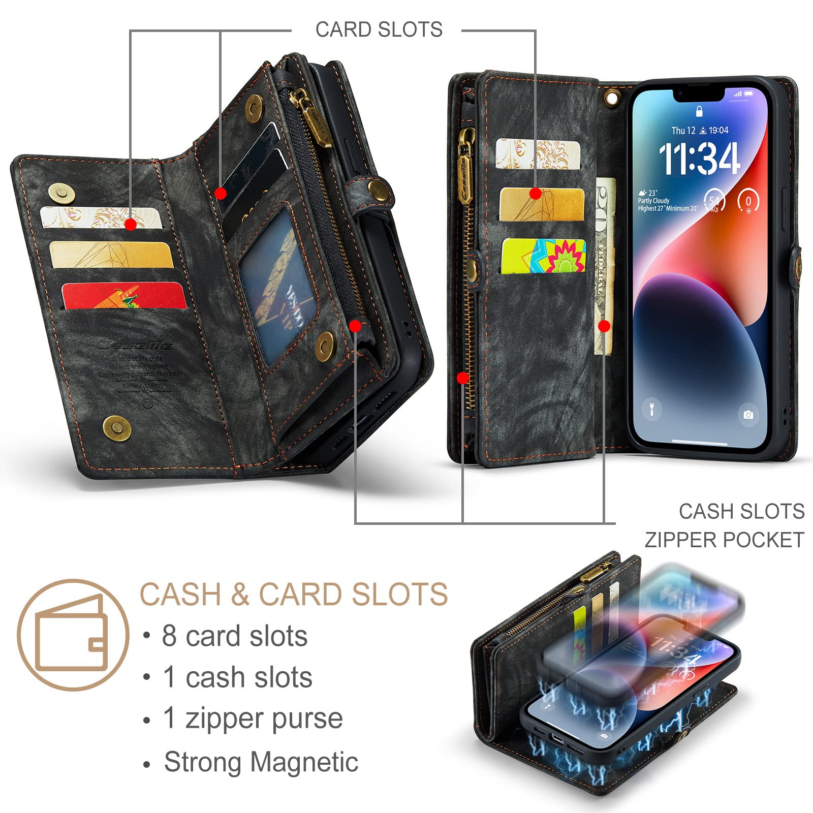 UFinetech Case for iPhone 14, Shockproof Card Holder Leather Wallet Cover for iPhone 14 - Image 2