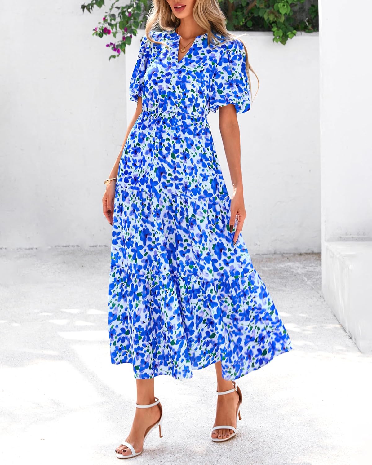 dowerme Womens Summer Dresses 2026 Casual Puff Short Sleeve V Neck Floral Boho Tiered Ruffle Maxi Dress with Pockets - Image 7