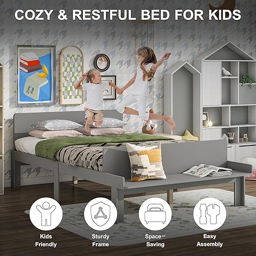 Miniatura 18 de Dolonm Marco de cama individual para niños con banco de estribo, gris, madera de pino, estilo moderno, no necesita somier