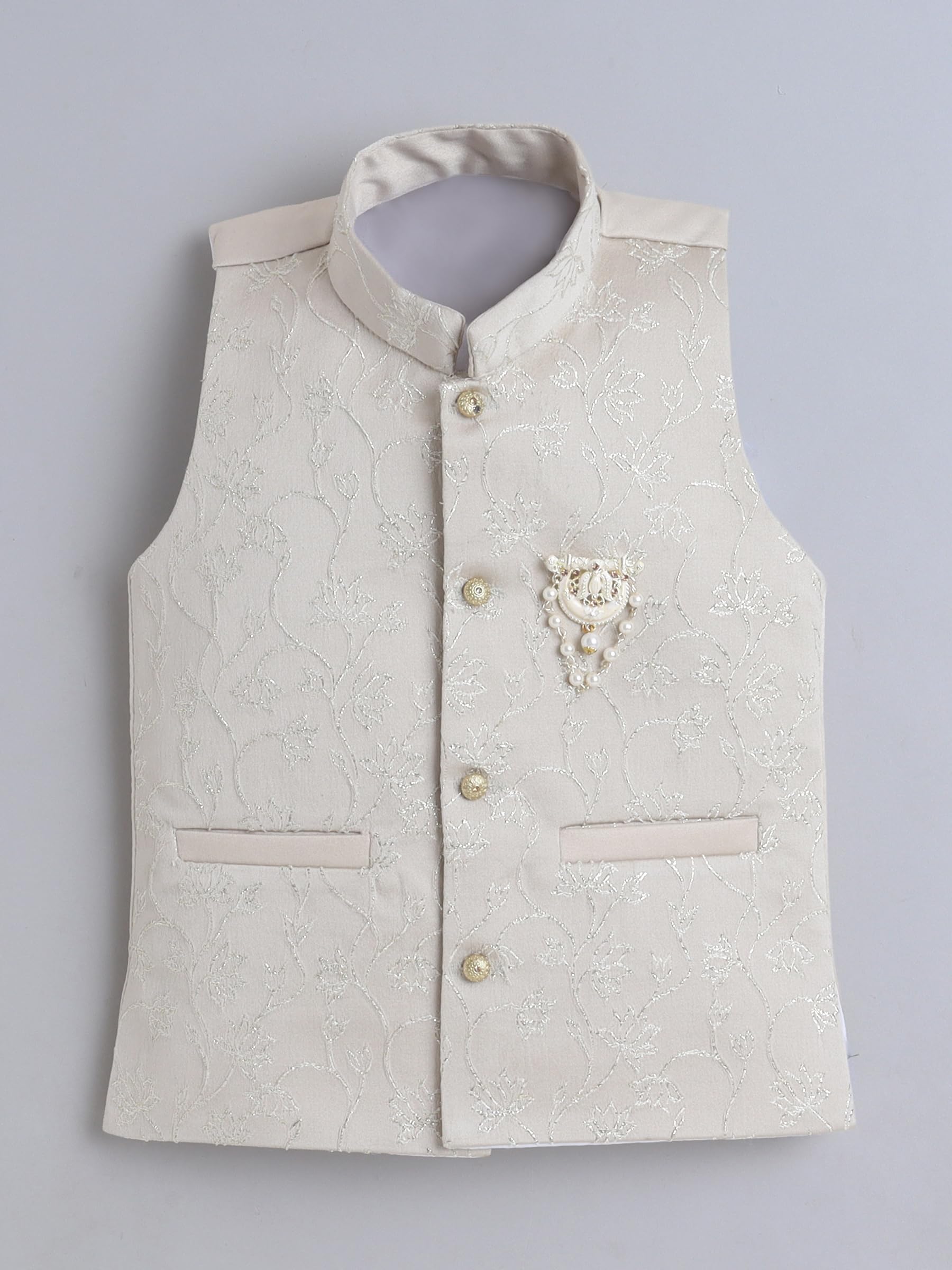 FOURFOLDS Boys Jacquard Floral Pattern Sherwani & Trouser Set With Waistcoat- Beige 2