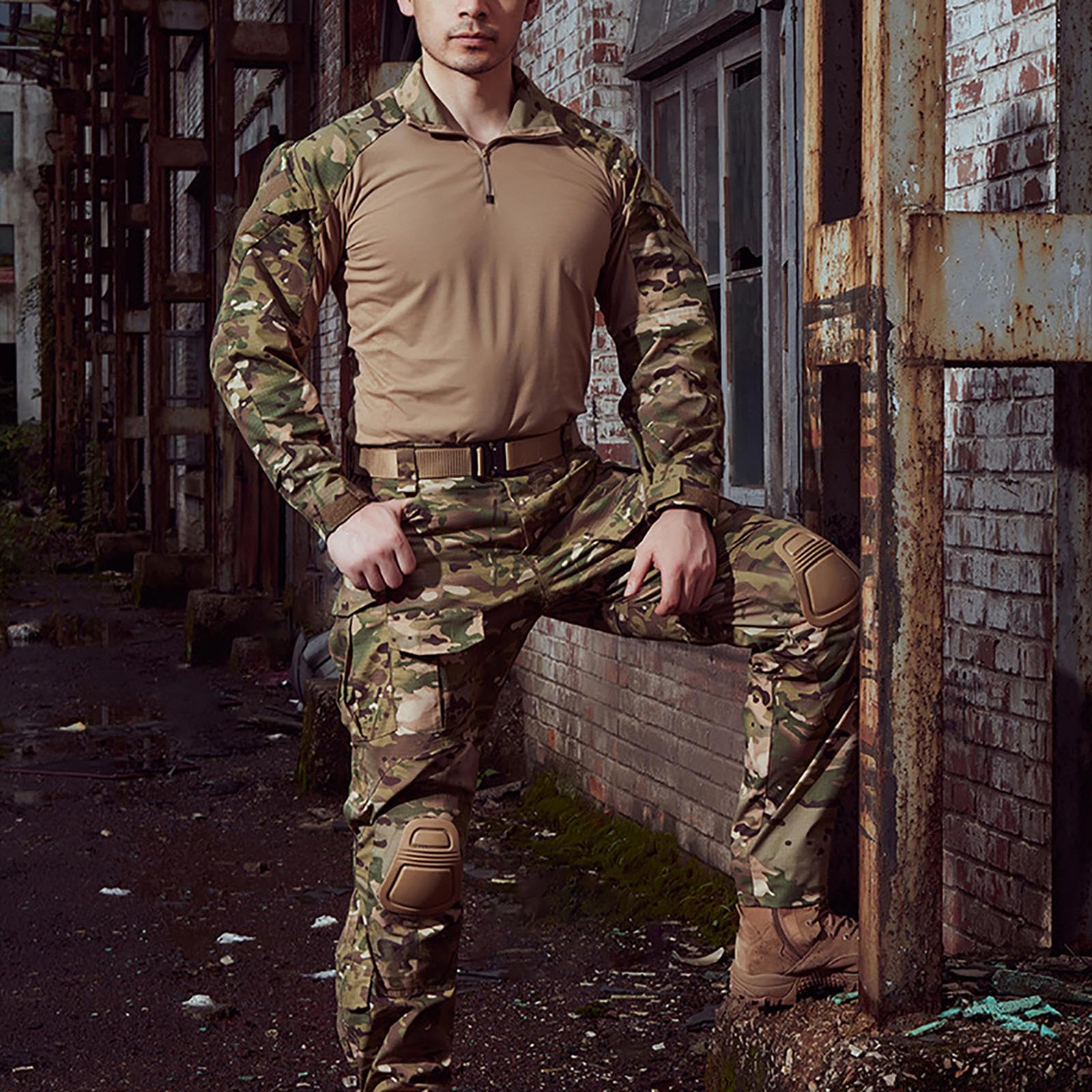HAZARA Airsoft Ropa Uniformes De Manga Larga Rip-Stop Airsoft Ropa con Coderas,Rodilleras Y Guantes De Combate Ideal para Paintball,Lucha,Caza,Camo-L