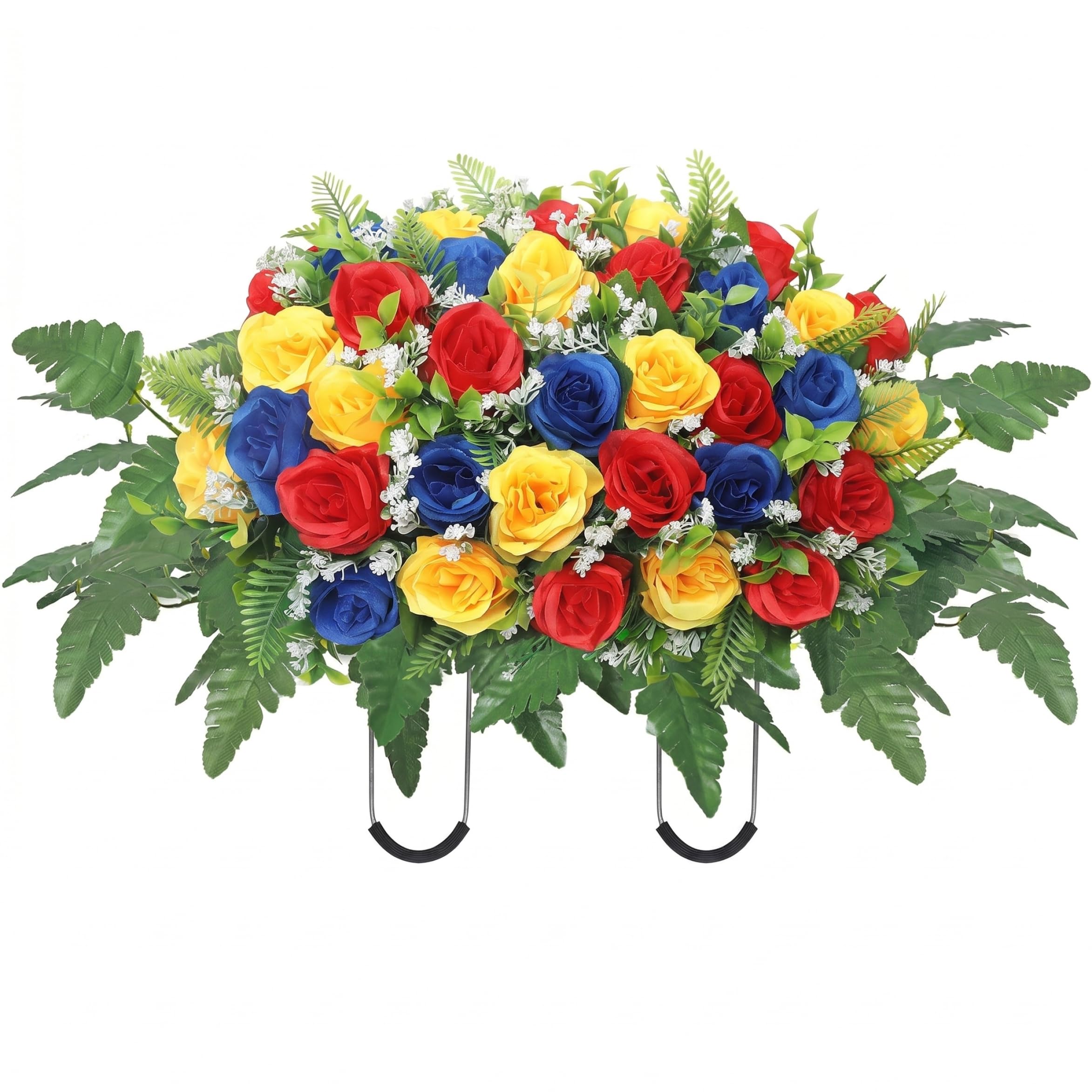 Tapallmy Headstone Flower Saddle Artificial Vivid Cemetery Flowers for Grave Weather Proof Memorial Floral Decor for Headstones Red Yellow Blue