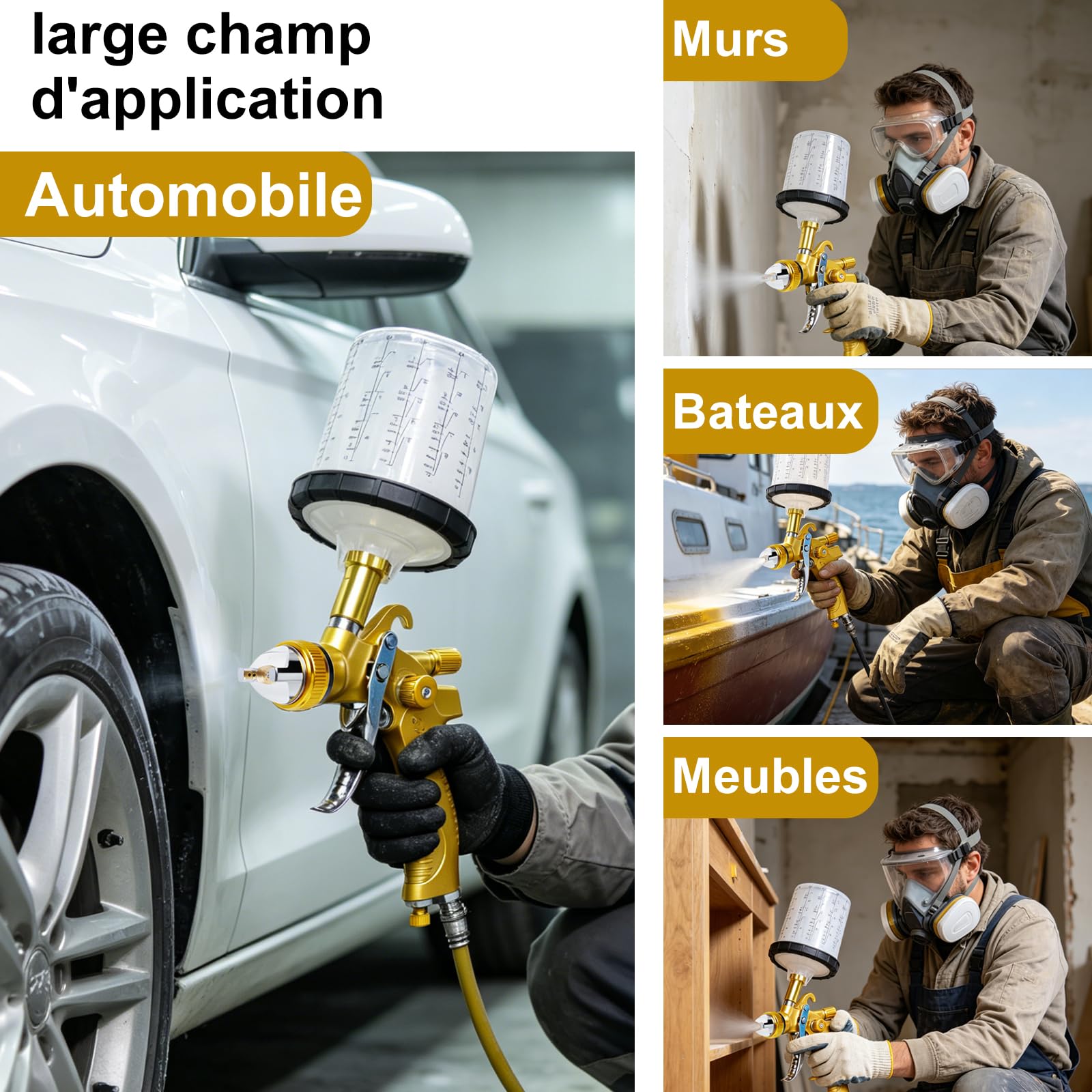 HVLP Pistolet Peinture air comprimé, 4 Buses (1,4/1,7/2,0/2,5 mm), Pistolet a Peinture Professionnelle Compris 10 Coupes de mélange jetables 650ML, kit Pistolet a Peinture carrosserie