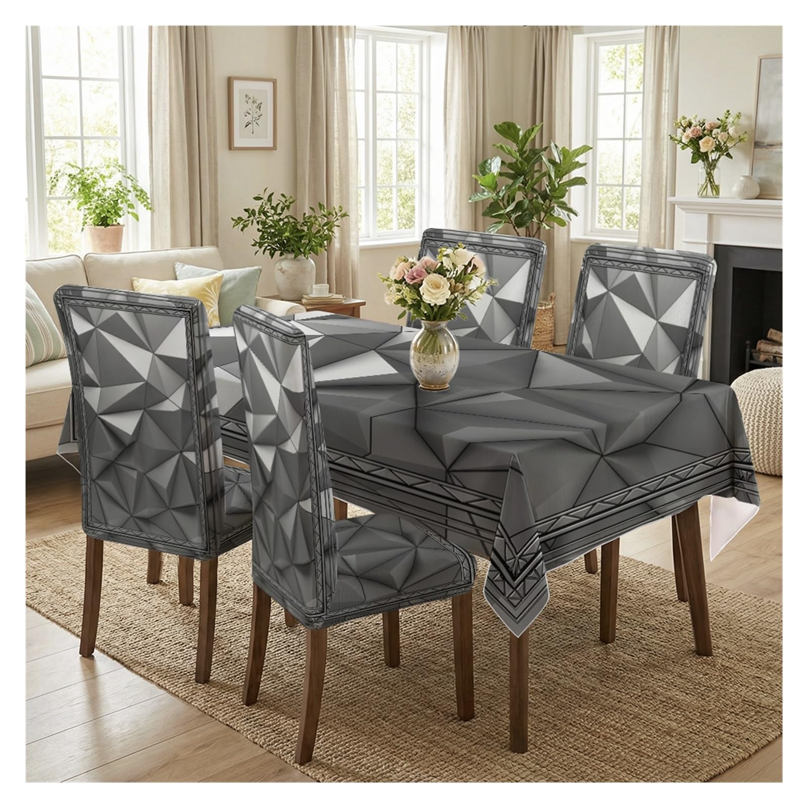 KXUAUV Stretch Dining Chair Slipcover & Tablecloth Set, Grey Black Geometric Print, 5/7 Pack, Modern Minimalist Home Dining Decor Party Decor(5pcs Set: Tablecloth+Chair Covers)