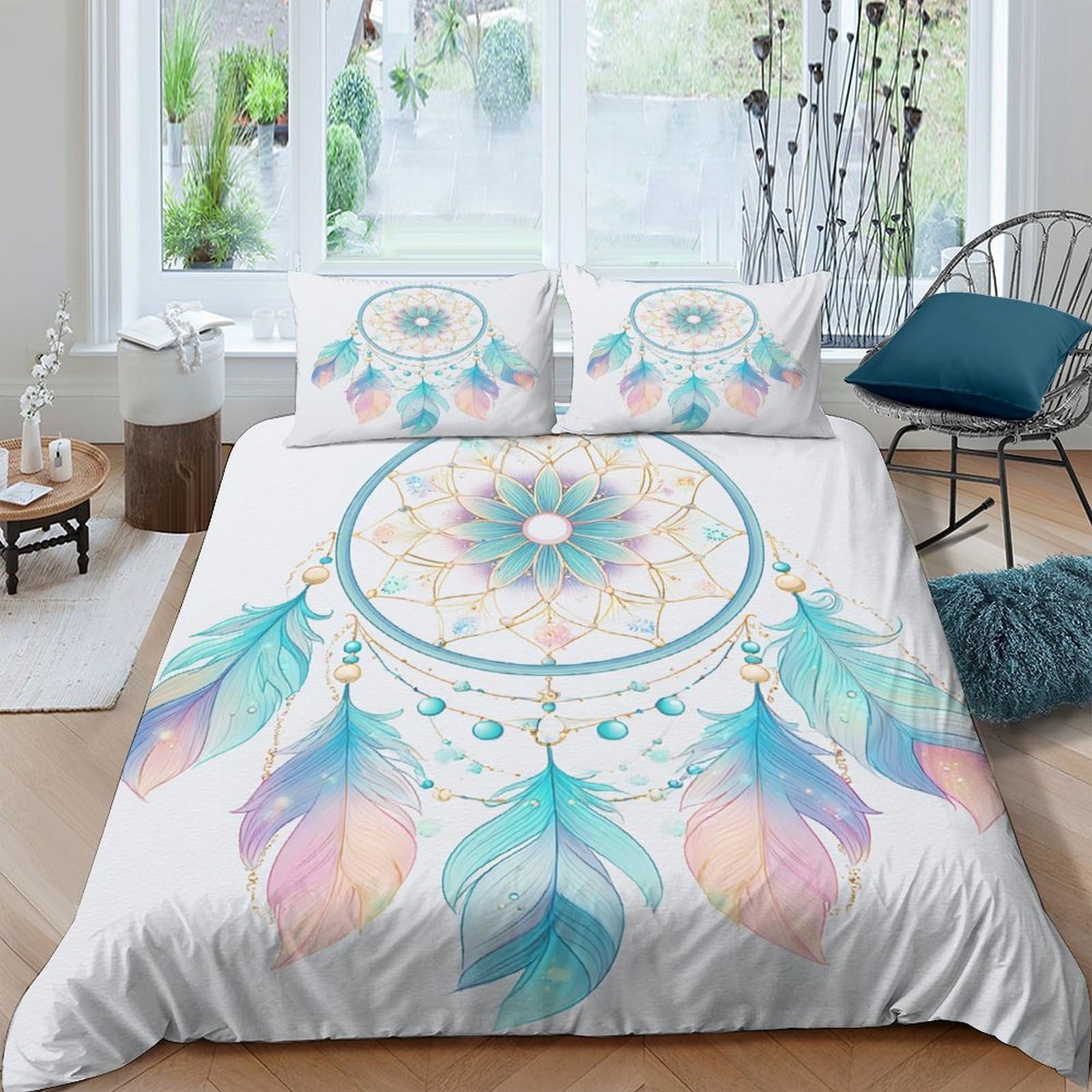 Ctjqhvkz Style-7 3D Printed Dreamcatcher Fitted Sheet Microfiber Soft Pastel Feather Bed Cover For Bedroom Guest Room Decor Single（135X200cm）