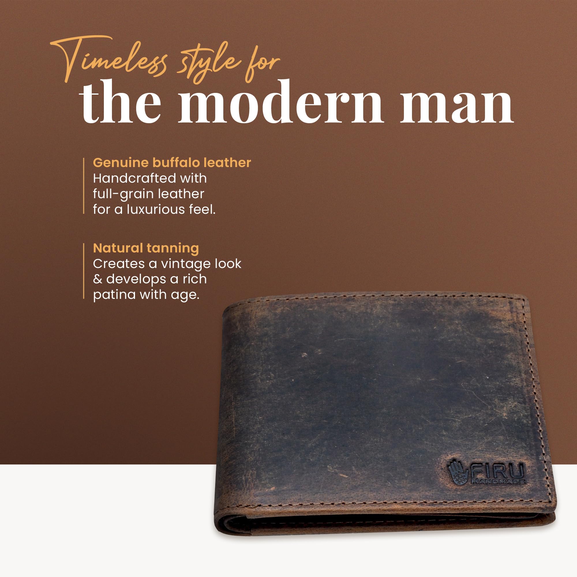 Firu-Handmade Top Grain Leather Wallet for Men with RFID Blocking-Slim Billfold with 8 Card Slots-Bifold, Extra Capacity with 2 ID Windows-Vintage Design, Gift for Him (Buffalo Brown)