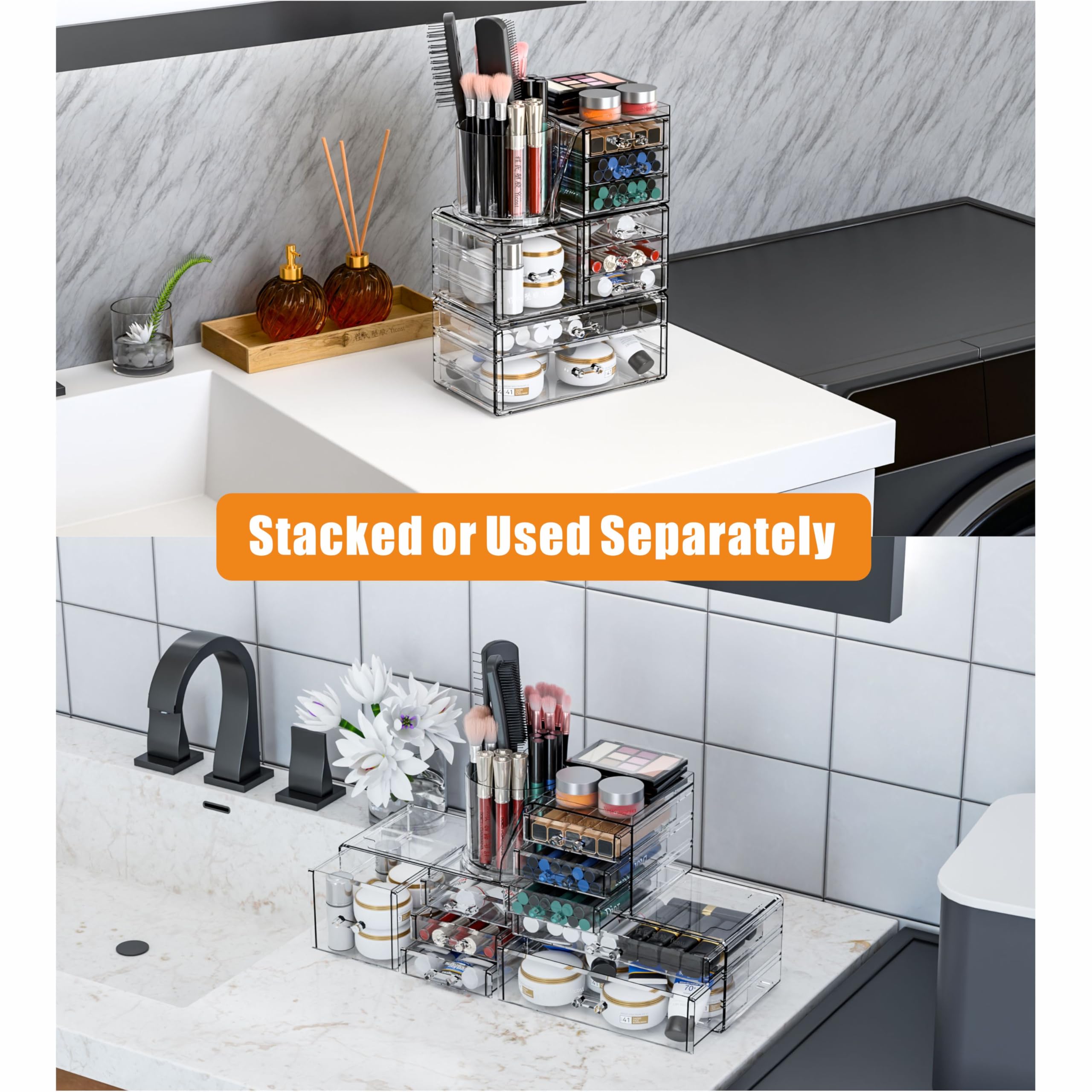 3 Pack Clear Makeup Organizer Countertop,9 Drawers Bathroom Vanity Organizer with Make up Brush Holder,Make up Organizers for Counter,Skincare Organizers for Dresser Top Beauty,Hair Product Organizer