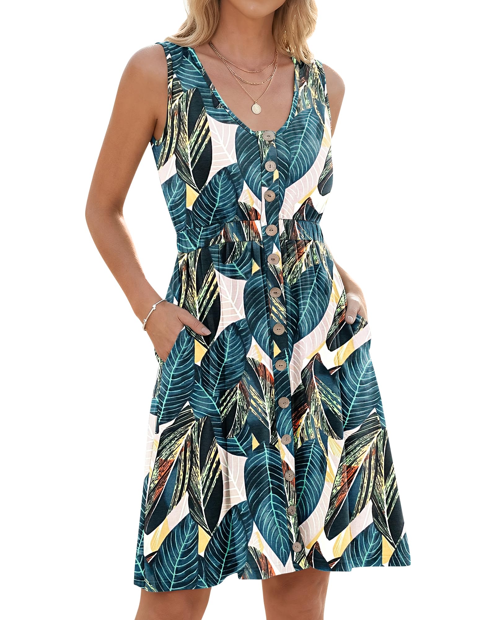 AUSELILY Sommerkleid Damen Ärmellos V-Ausschnitt Minikeid Casual Button Down Strandkleid mit Taschen