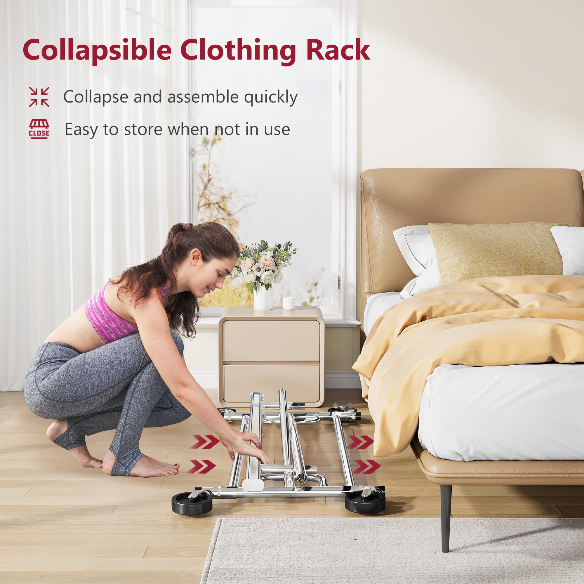 Tajsoon Perchero resistente con ruedas y barra extensible, hasta 159 kg, plegable, para uso comercial, cromado