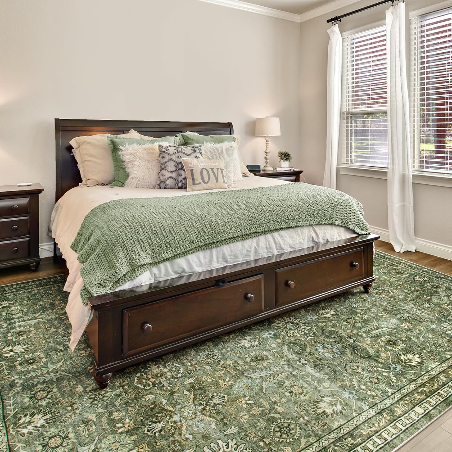 Morebes Boho Green Rugs for Living Room 8x10, Floral Washable Rugs for Bedroom Dining Room Non Slip, Large Soft Low Pile Indoor Floor Carpet for Farmhouse Office