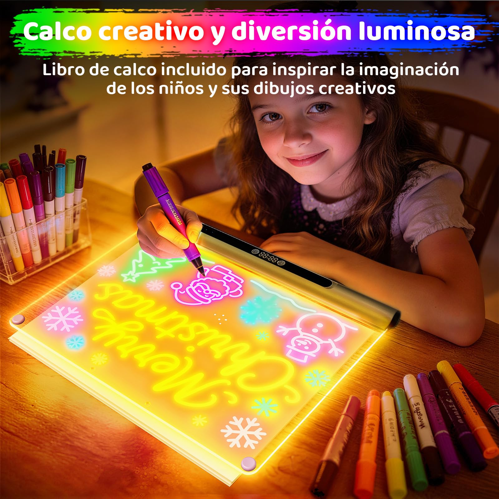 Pizarra LED recargable 41 cm, 9 modos de luz con temporizador y soporte integrado, tablero acrílico neón borrable en seco, regalo niños/adolescentes, 6 rotuladores y libro de calco, negro