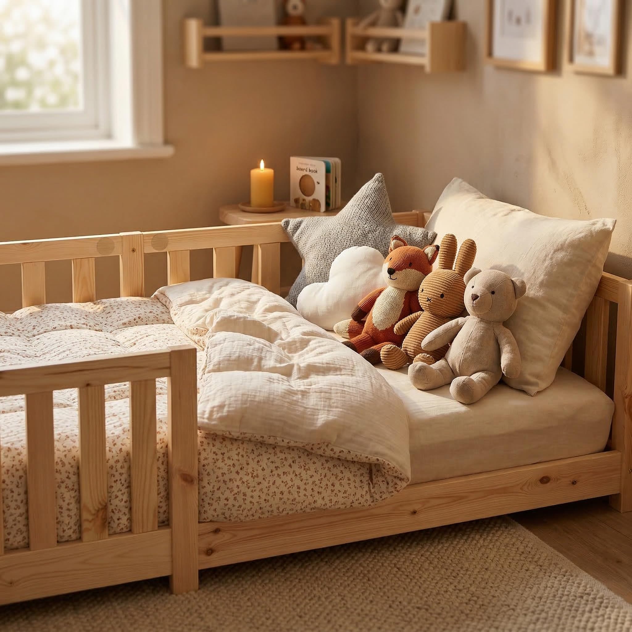 ecoMI Letto per bambini con protezione anticaduta e rete a doghe, letto da pavimento Montessori in legno di pino massiccio, letto singolo, naturale, 80 x 160 cm