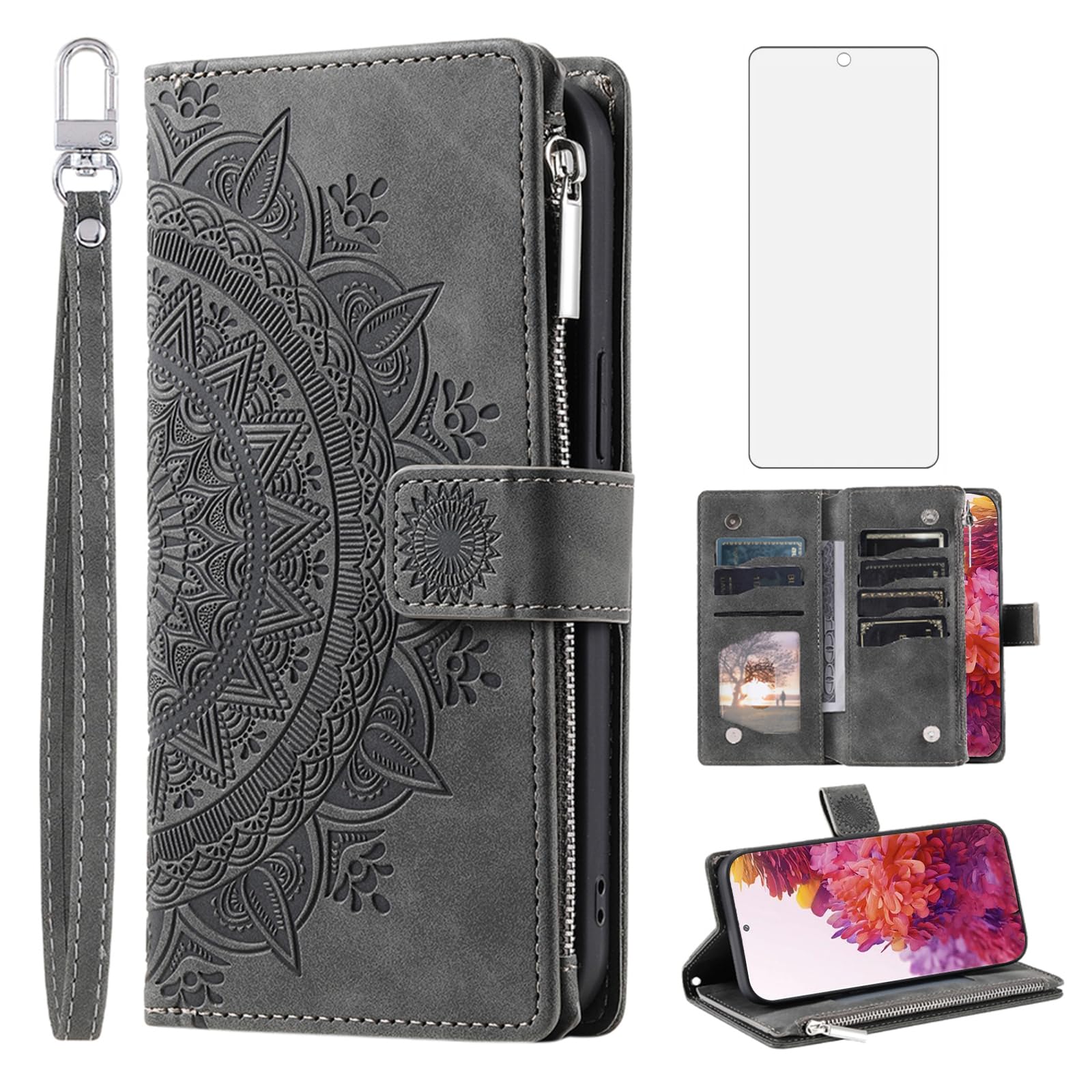 Asuwish Phone Case for Samsung Galaxy S20 FE 5G 6.5 inch Wallet Cover with Screen Protector Mandala Flower Flip Zipper Card Holder Cell S 20 EF UW