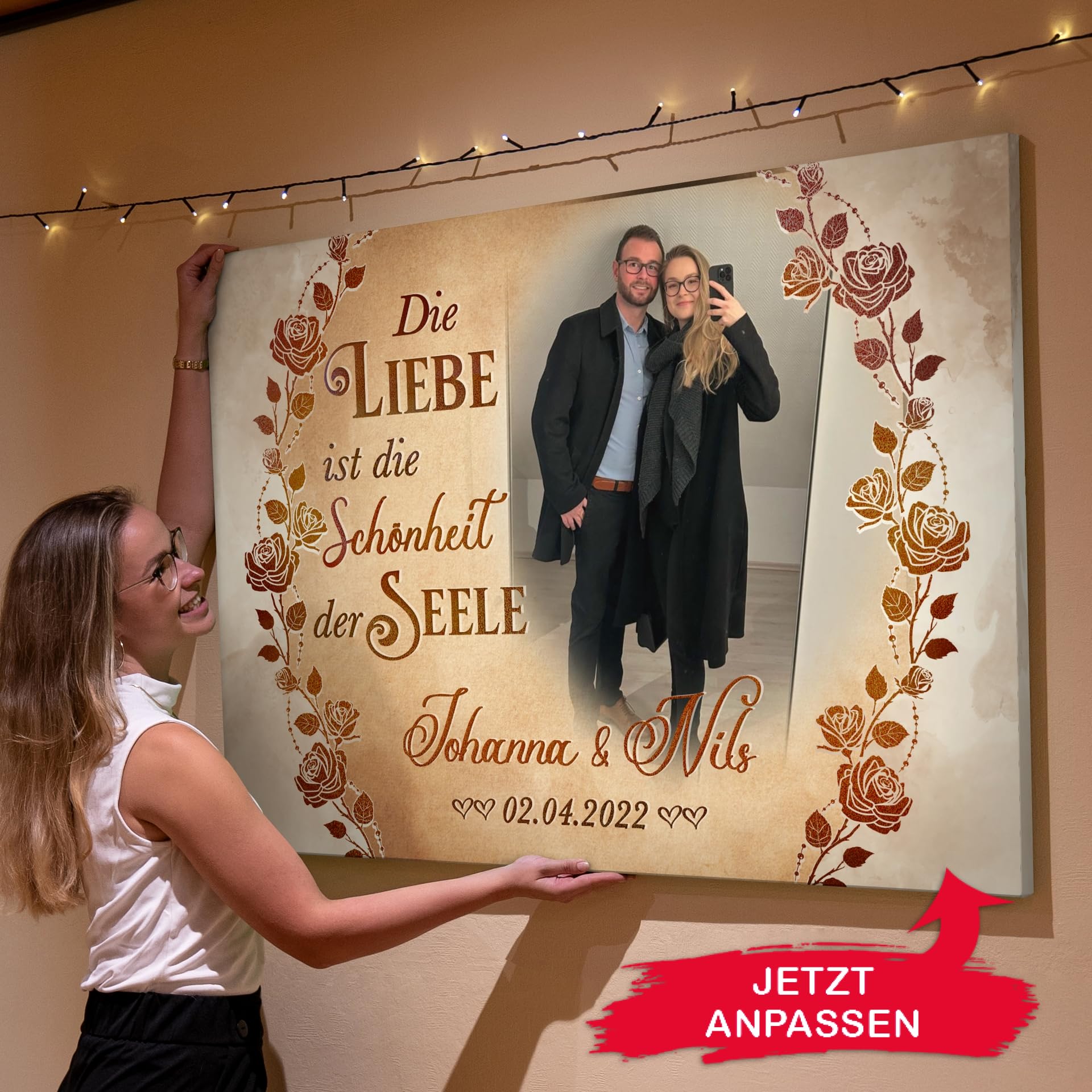 Liebesleinwand | Leinwand mit Foto, Namen und Datum | Wandbild gestalten eigenes Foto, Jahrestag Geschenk für Frauen und Männer | Seelenpartner