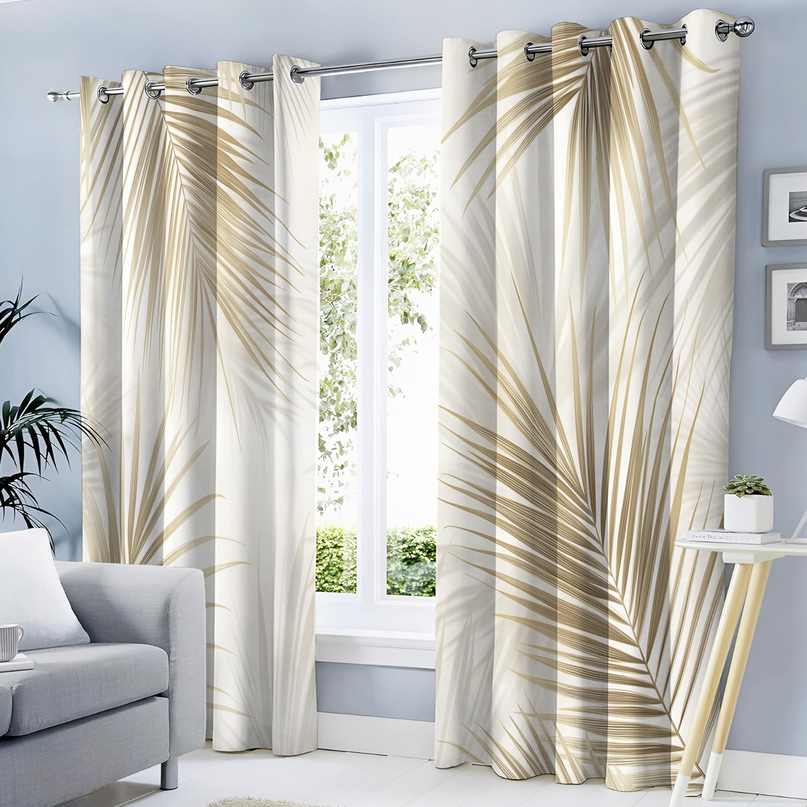 GDJSMIN Minimalismo Cortinas Opacas Telas Térmicas Aislantes Frio Y Calor para Salon con Estampado De Hojas De Palma Beige 2 Piezas 117An X 137Al Cm Beige Claro