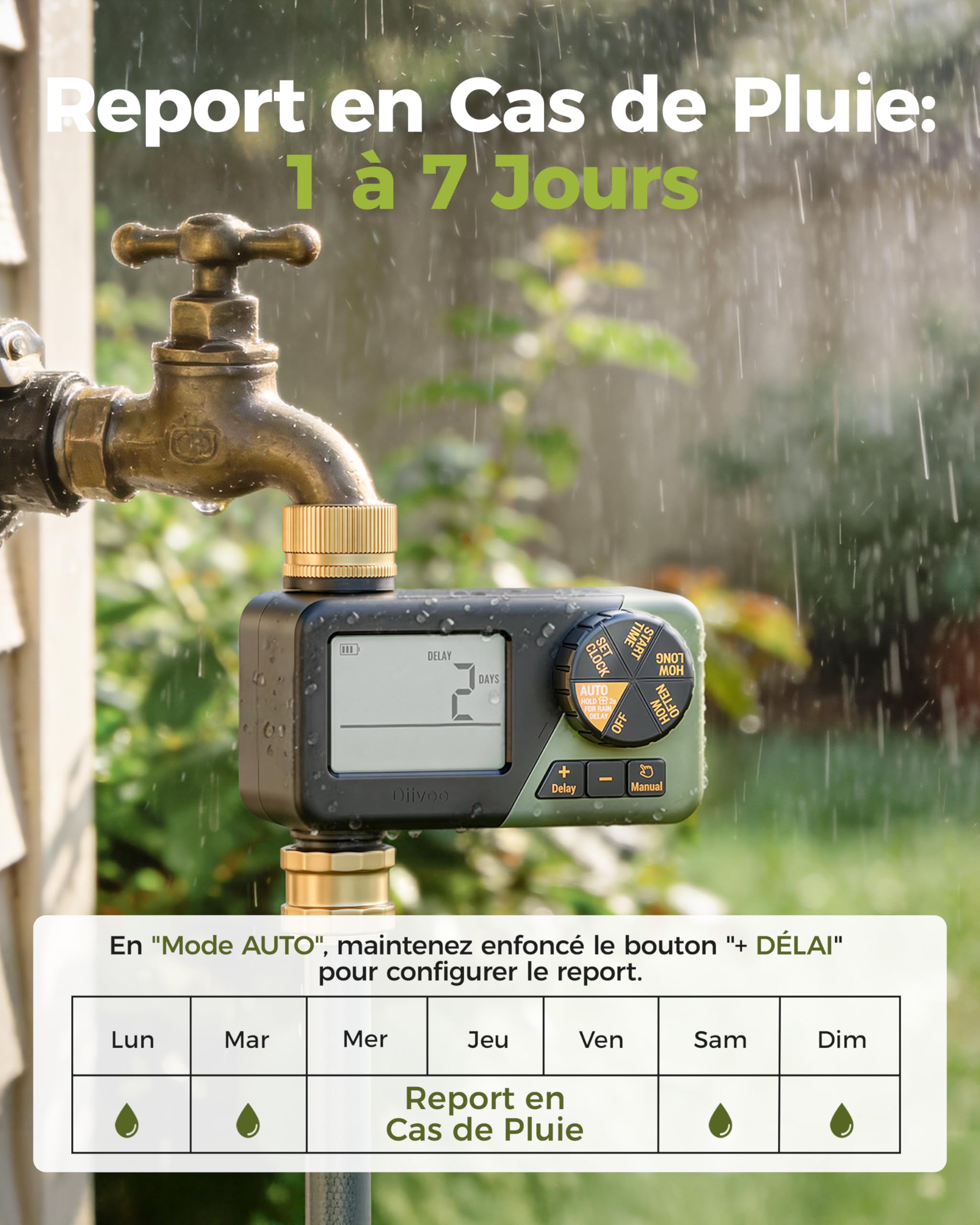 Diivoo Programmateur Arrosage Automatique avec Entrée et Sortie en Laiton, Minuteur Arrosage avec Étanchéité IP66, Grand Écran LCD, Retard de Pluie, Arrosage Manuel pour Pelouse et Jardin