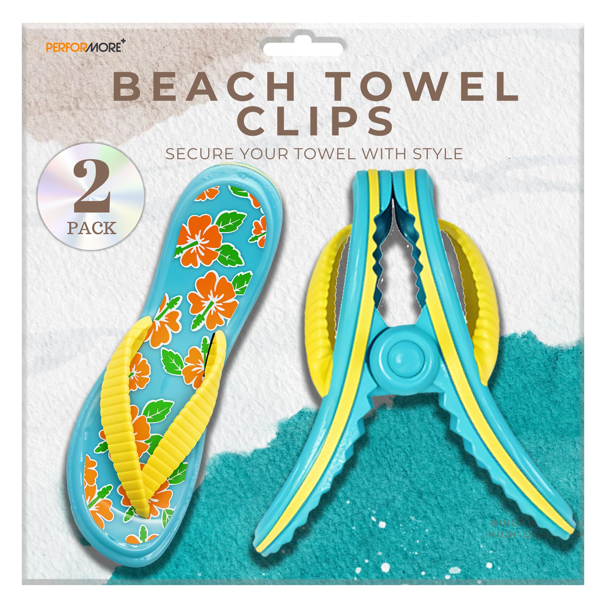 PERFORMORE Flip Flop Beach Towel Clips (Yellow Strap), Set of 2, Portable Towel Holder Clips, Secure Clips for Beach Chairs Deck Patio Pool Boat Cruise Lounge Chair Accessories