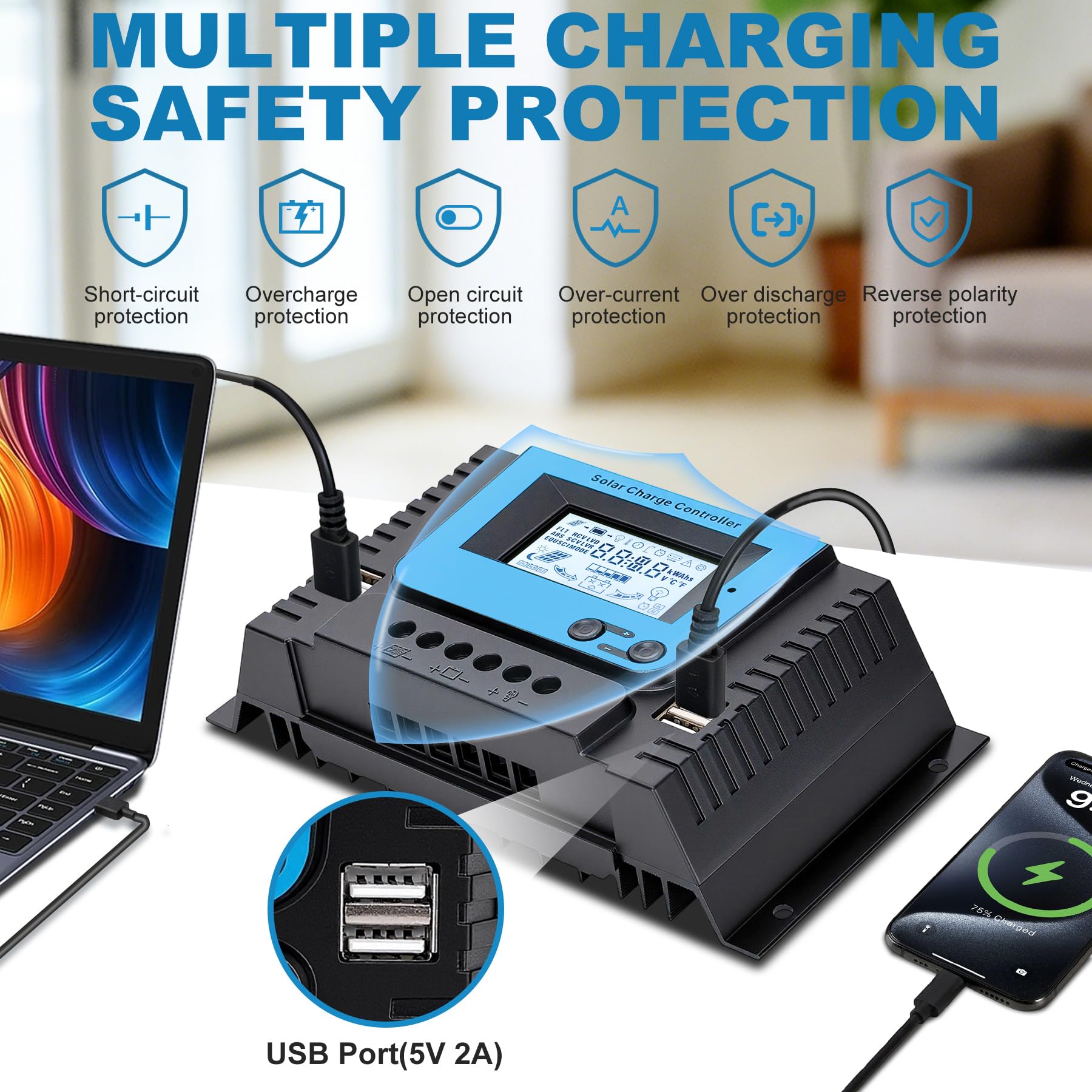 30A Contrôleur de Charge Solaire 12V 24V 36V 48V Avec Bluetooth, PWM 30A Régulateur Charge Solaire avec Capteur Température, Rétroéclairé LCD Écran, 4 ports USB, pour Plomb Acide et lithium Batterie