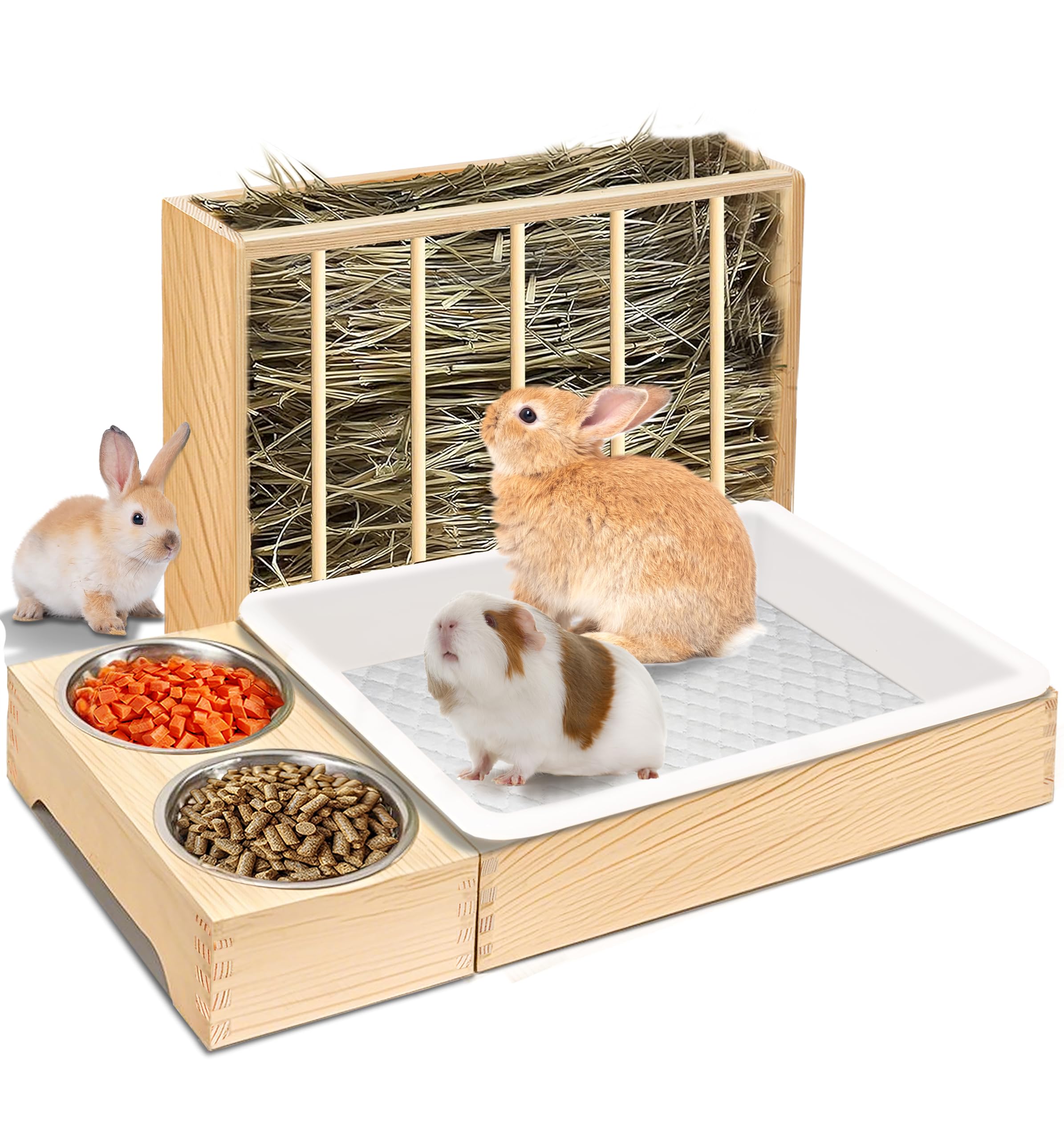 Rabbit Litter Box Bunny Litter Box Hay Feeder Rabbit, 3 in 1 Wooden Hay Feeder with 2 Bowls & Toilet for Guinea Pig, Bunny, Hamster, Chinchillas Other Small Animals, Large Capacity & Preventing Waste