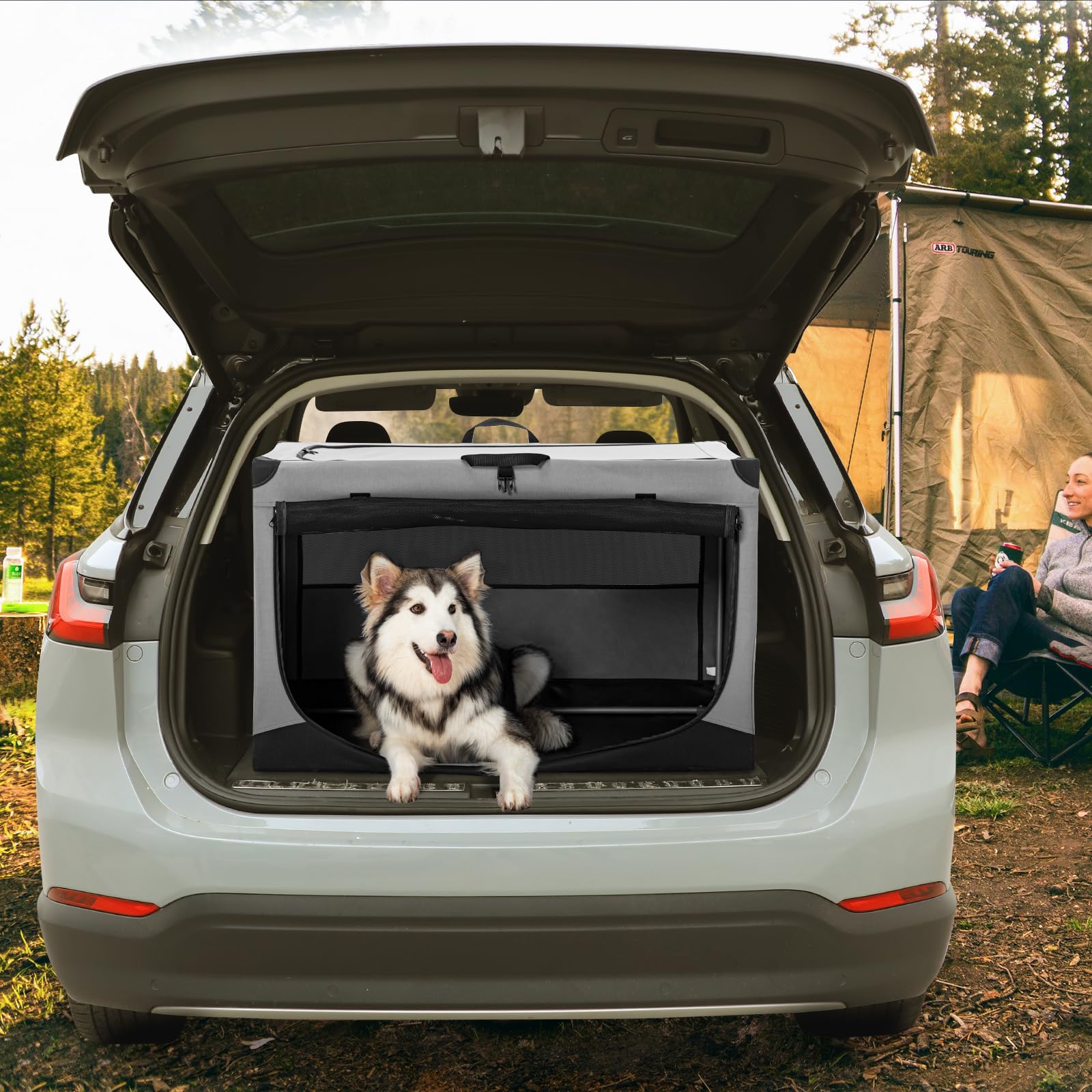 Petsfit Hundebox faltbar, Hundebox für zuhause Verstellbarer Stoffbezug mit Spiraleisenrohr, Hundetransportbox Auto Stoff für große mittlere kleine Hunde,Leicht zu Verstauen