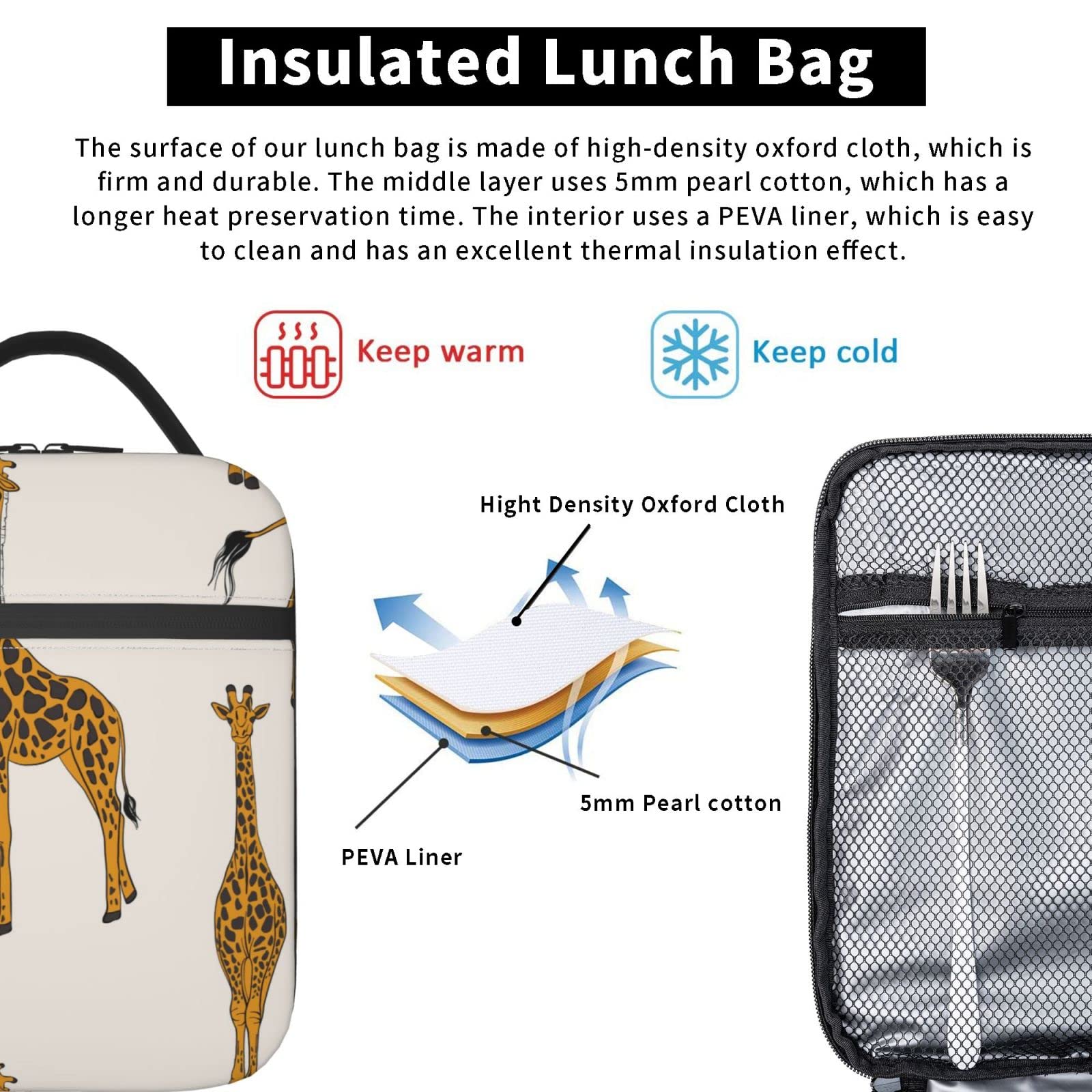Borsa termica per il pranzo con motivo giraffa rosa, borsa termica per donne/uomini, per lavoro in ufficio