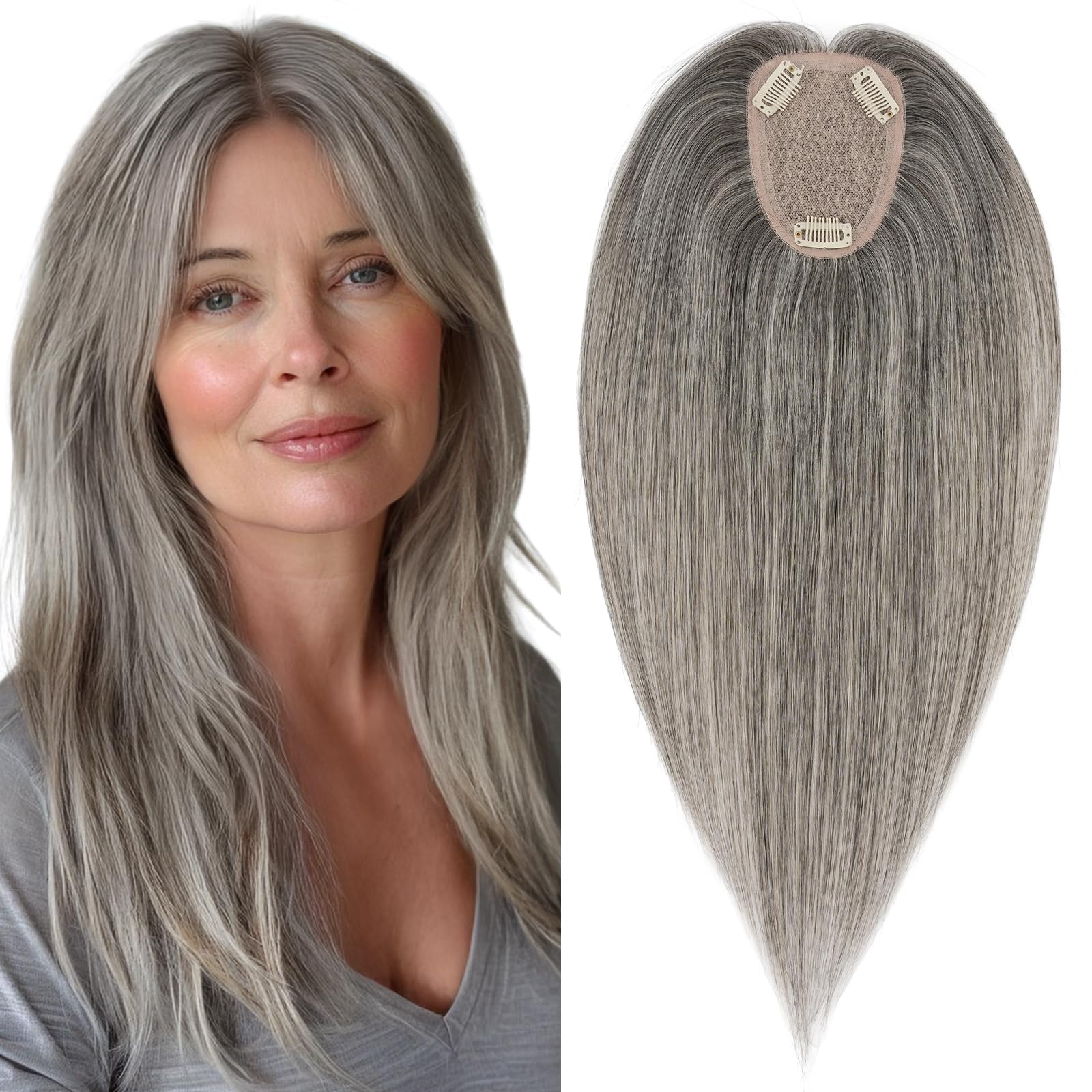 Photo 1 of Elailite Human Hair Toppers for Women Real Human Hair Thinning Thin 9 * 12CM Silk Base Clip in Remy Hairpieces Hand-Tied 14 Inch White Blonde mix Grey