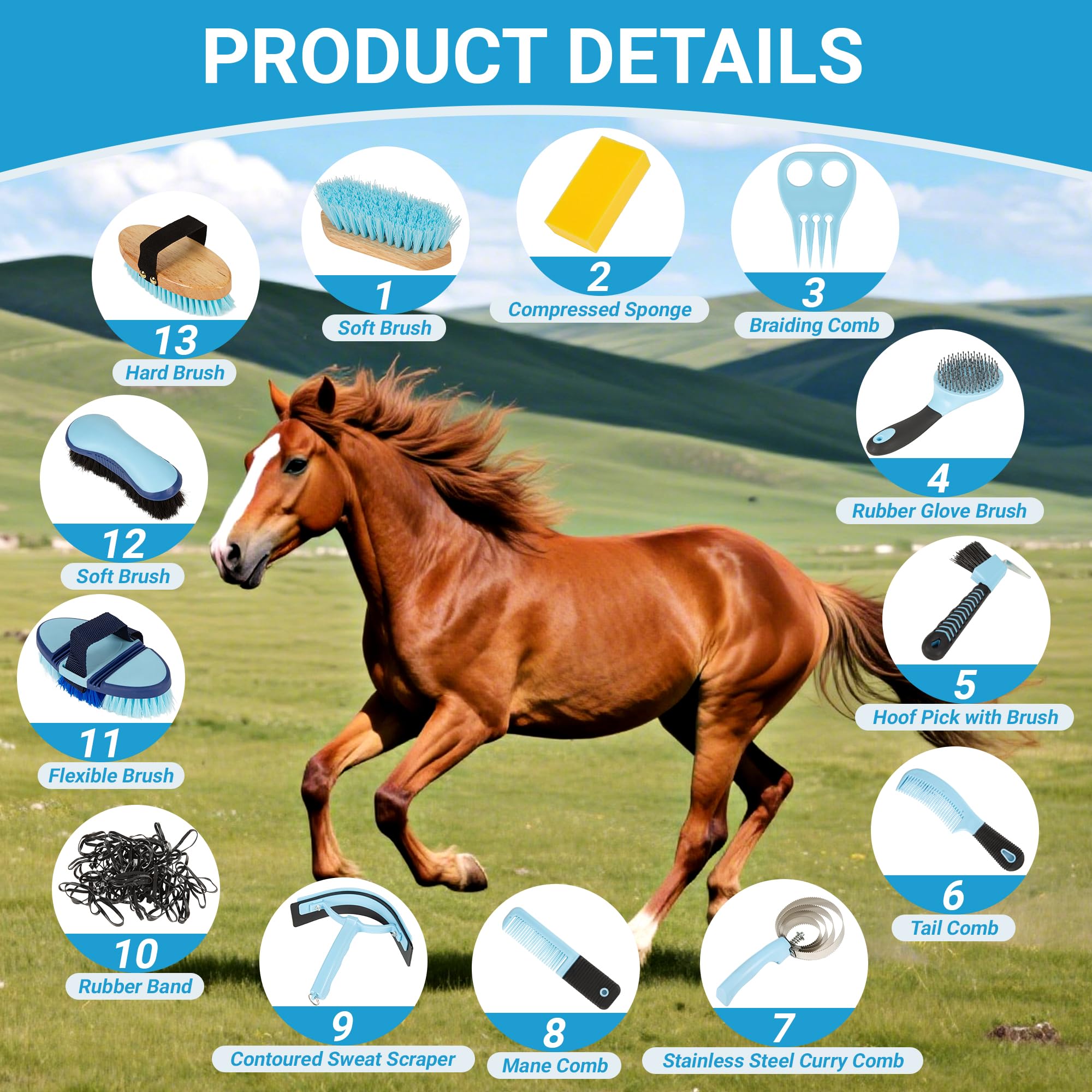 Horse Grooming Kit, 14-in-1 Professional Horse Brush Supplies Set for Grooming & Care, with Horse Brushes, Curry Comb, Hoof Pick & Waterproof Storage Tote Bag for Shining, Detangling, Massaging(Blue) - image 2