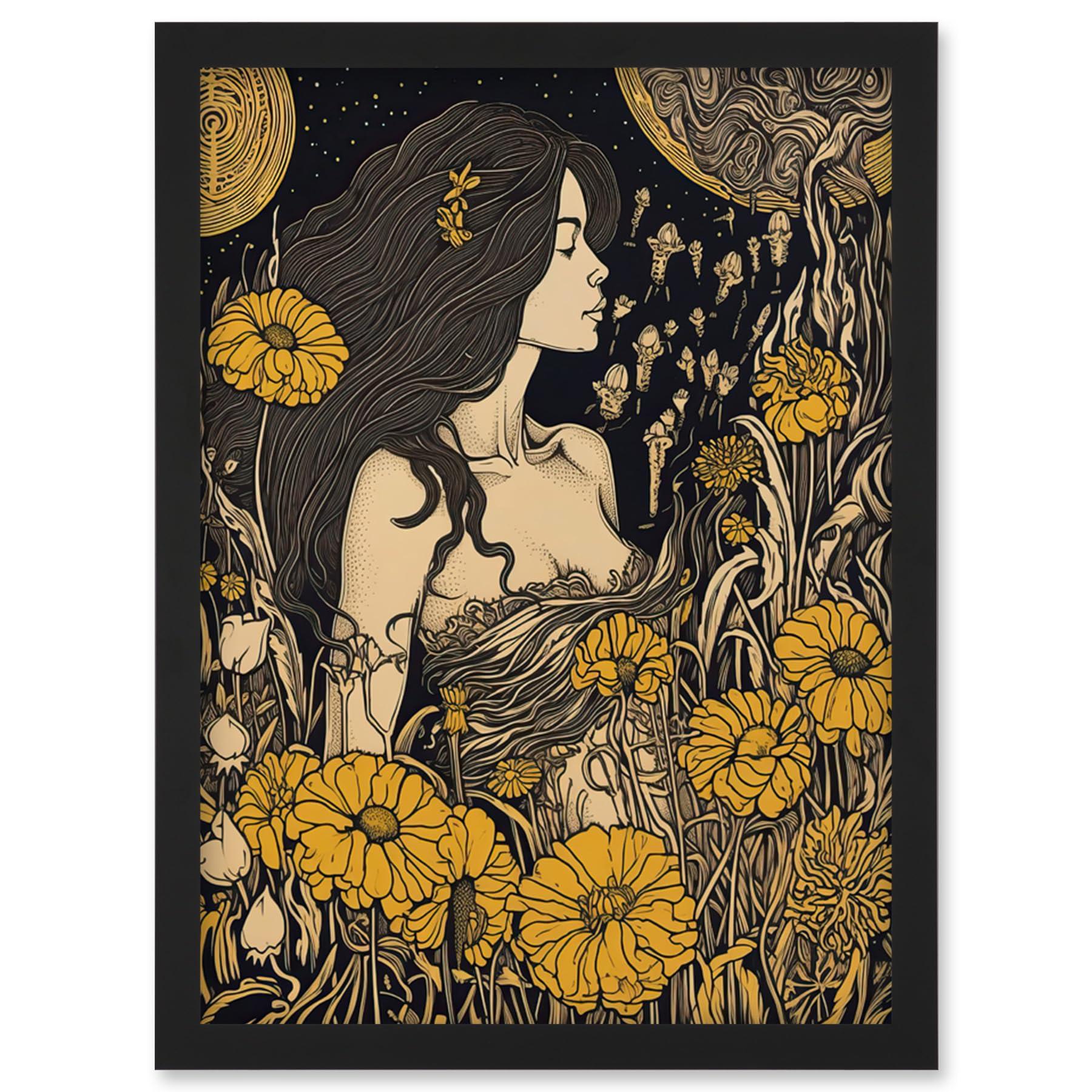 Artery8 Woman in Flower Field Midsummer Night Illustration Artwork Framed Wall Art Print A4