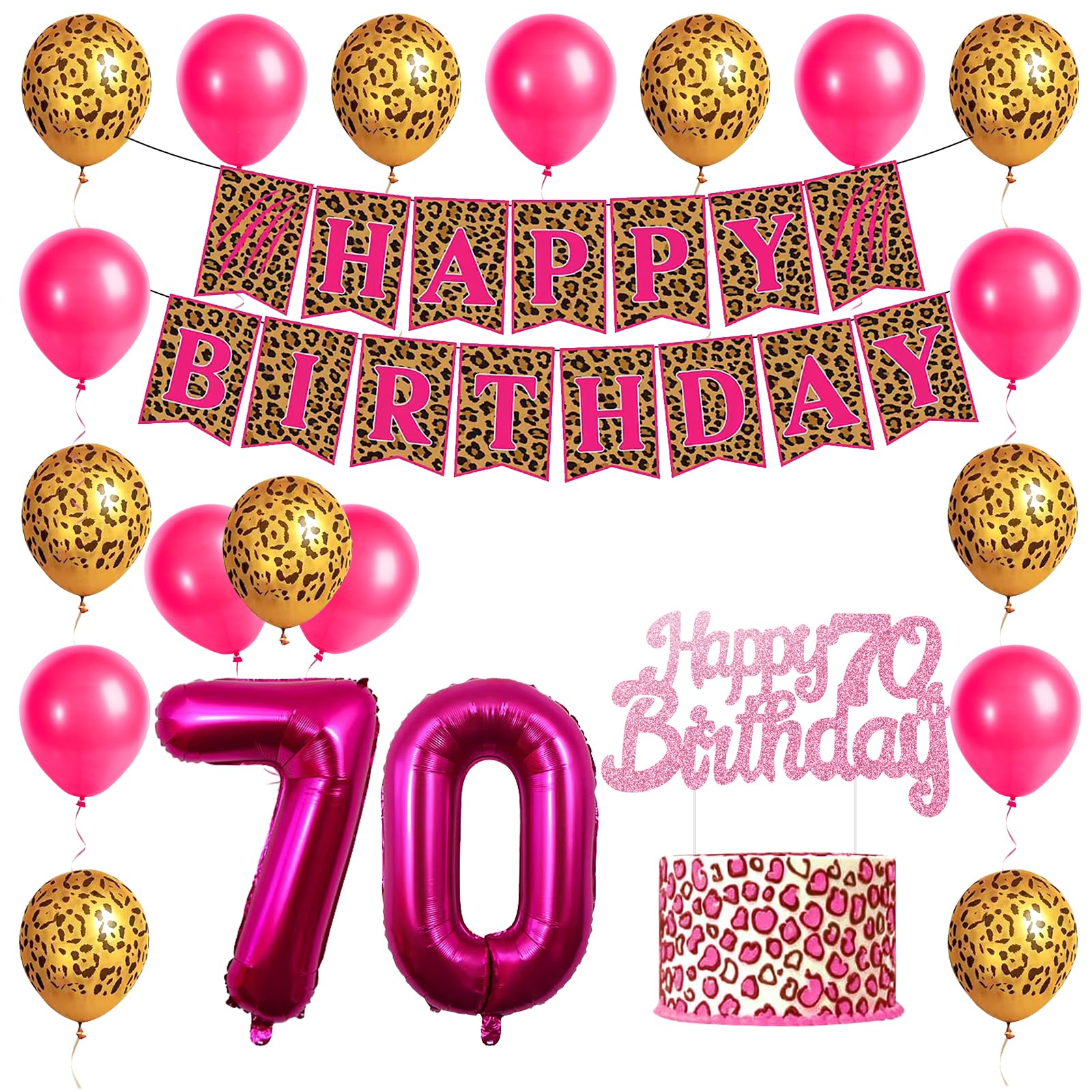 70th Birthday Decorations for Girls Women Leopard Themed Banner Decorations Girl Cheetah Print Balloons Cheetah Happy Birthday Banner Cake Topper