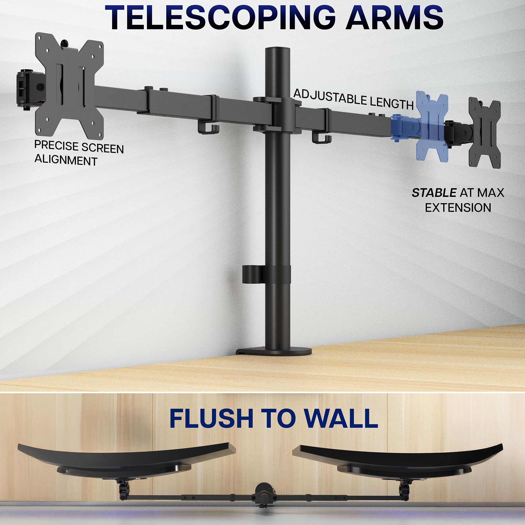 VIVO Support mural ultra large pour deux écrans LCD LED 27" à 38", bras télescopiques réglables, montage mural affleurant, compatible avec 2 écrans, noir, STAND-TS38C
