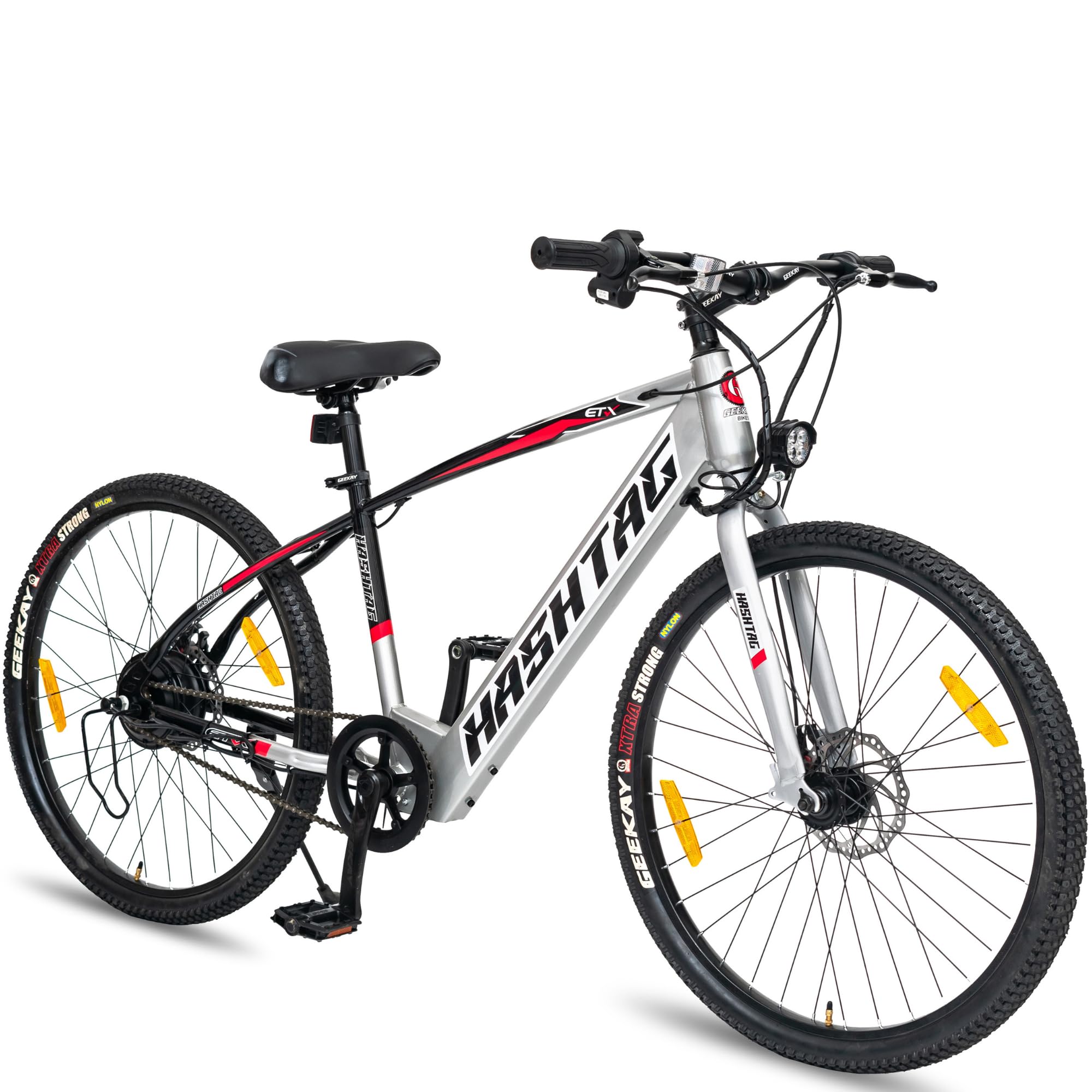 Geekay ETX 26T Hybrid E-Cycle/Bicycle for Men/Women with Dual Disc Brakes | Front LED Light & Horn, 7.8 Ah Non-Removable Li-Ion Battery, Range 35+km | 2 Year Warranty - Thunderbolt Silver (B0CRR3FT2S) Amazon Price History, Amazon Price Tracker