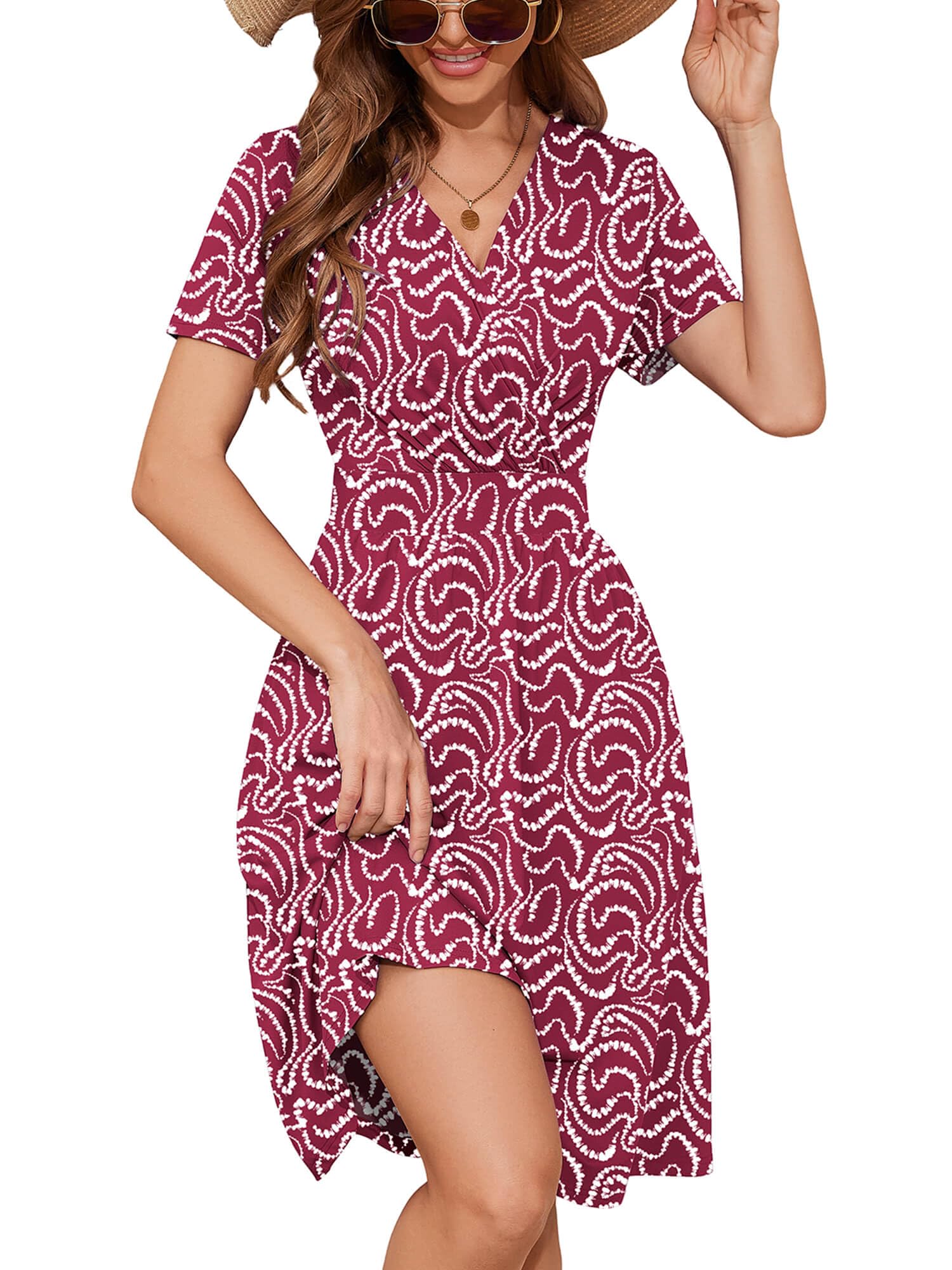 Heymoments Women's Summer Comfy Swing Sundress Ripples Red Large Short Sleeve Casual Midi Dress Empire Waist Wrap V Neck A-Line Classy Beach Vacation Teacher Dresses with Pockets