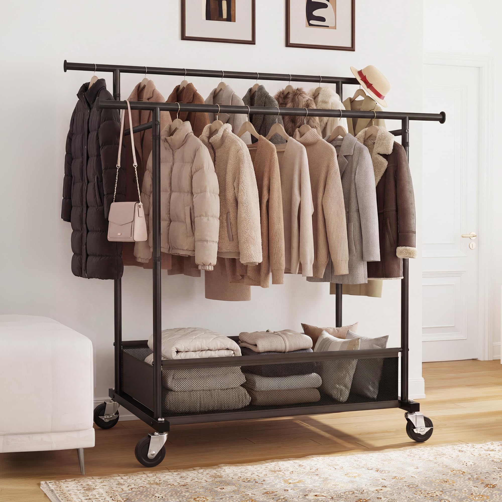 110cm Doppelter Kleiderständer auf Rollen, 110KG Traglast Stabil Kleiderständer mit 48L Wäschekorb, Kleiderstange für Mäntel, Jacken, Pullover, Kleider, Schlafzimmer, Mietwohnung, Schwarz